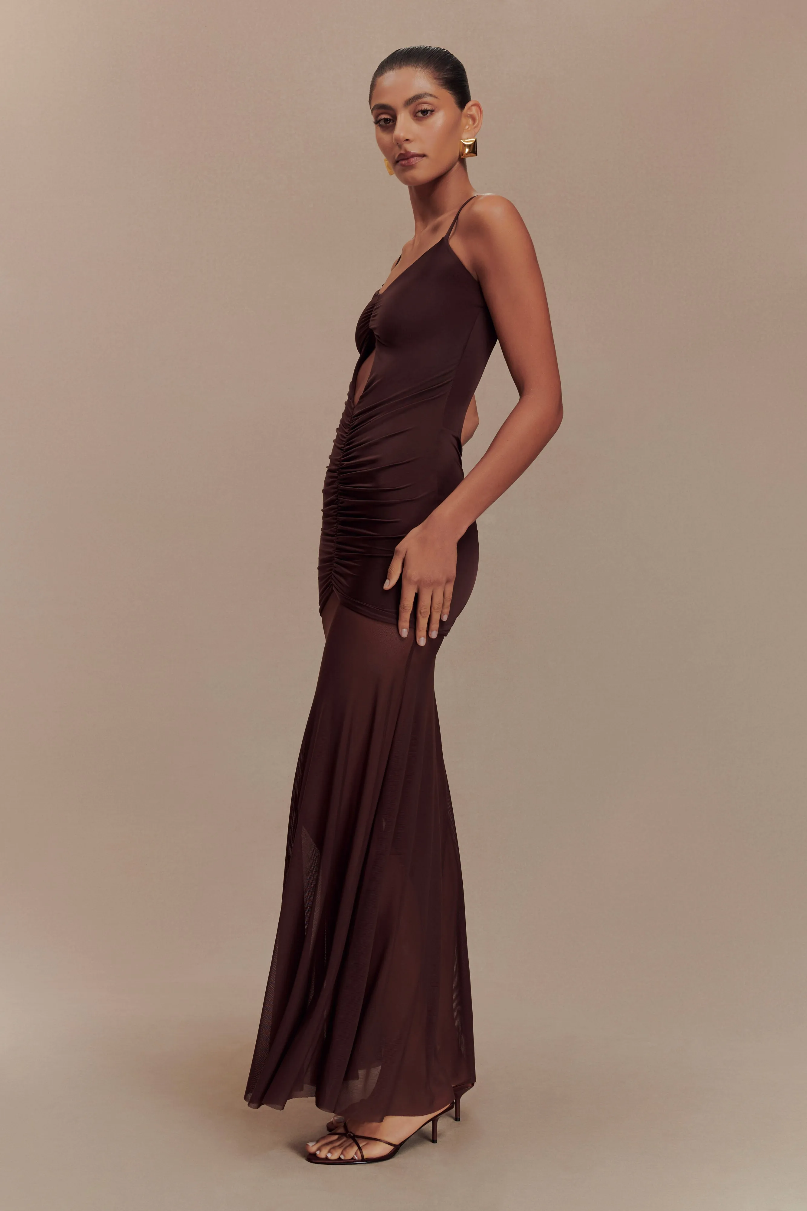 Beaded-Edge Delaney Slinky And Mesh Maxi Dress - Chocolate