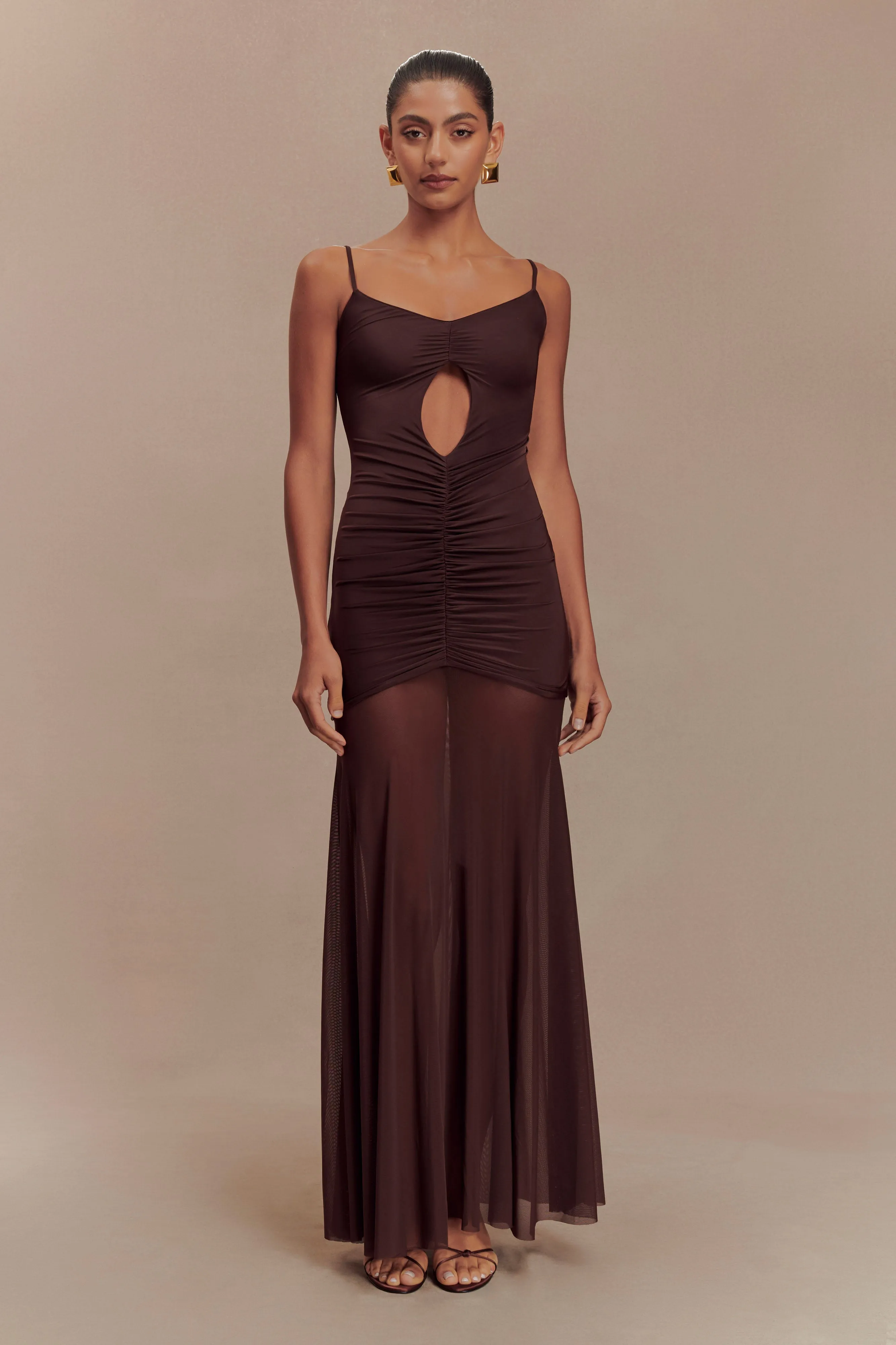 Delaney Slinky And Mesh Maxi Dress - Chocolate Luxe Appeal