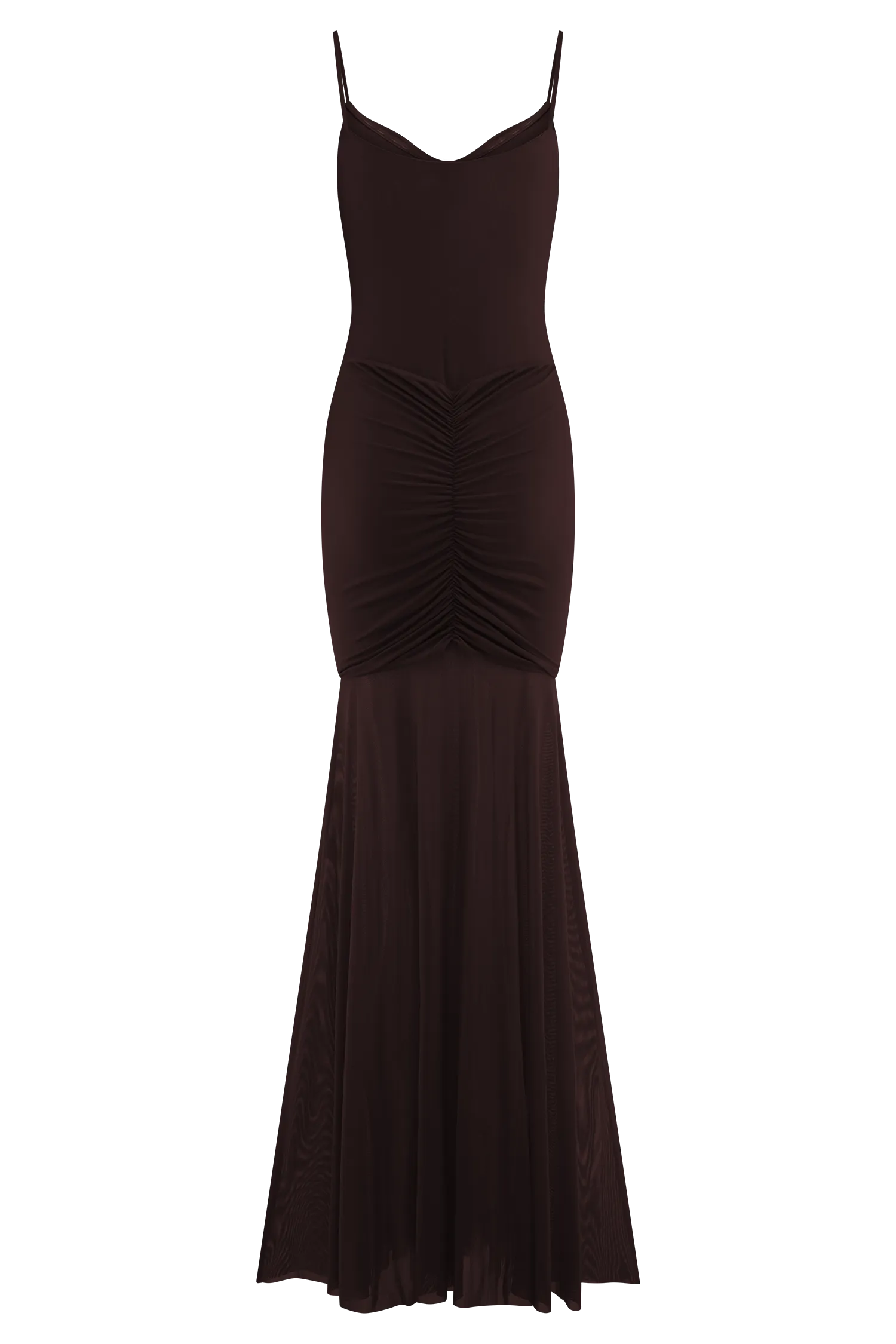Delaney Slinky And Mesh Maxi Dress - Chocolate Satin-Sleeve