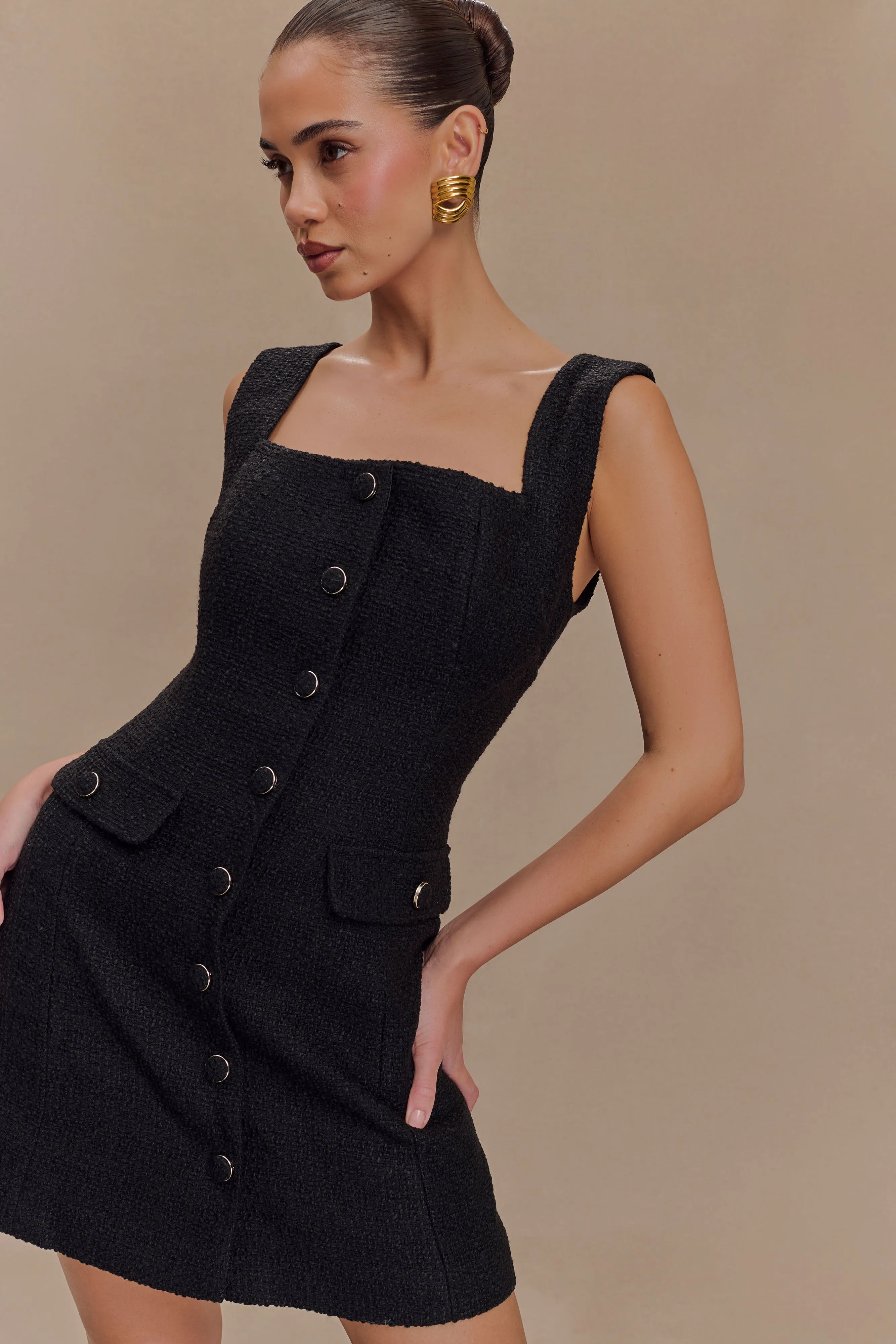 Desire Boucle Mini Dress - Black Halter-Neck