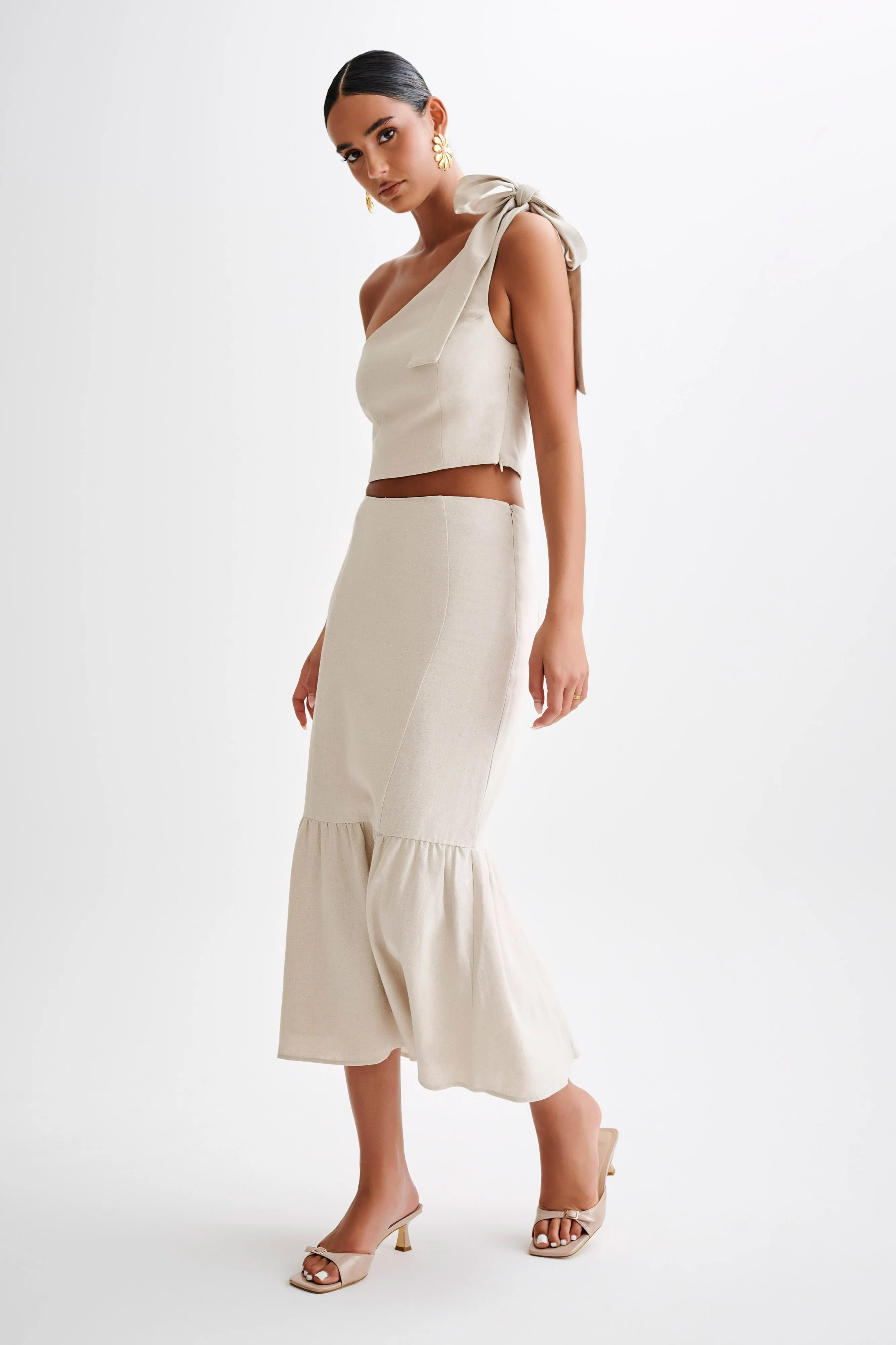 Venezia Linen One Shoulder Tie Top - Natural Casual Long Sleeve Organic Cotton Blend