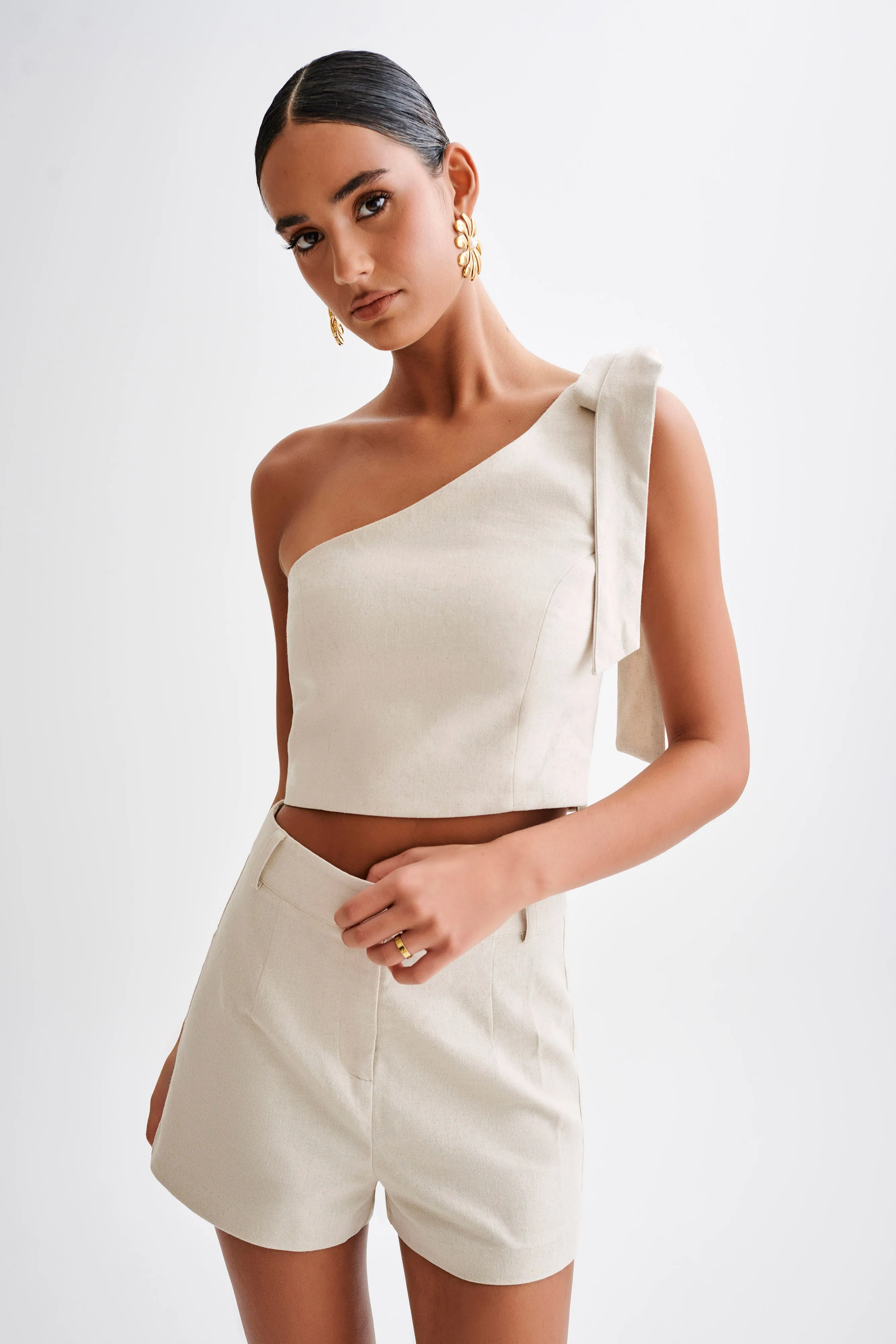 Venezia Linen One Shoulder Tie Top - Natural Sweat Absorbing Lining
