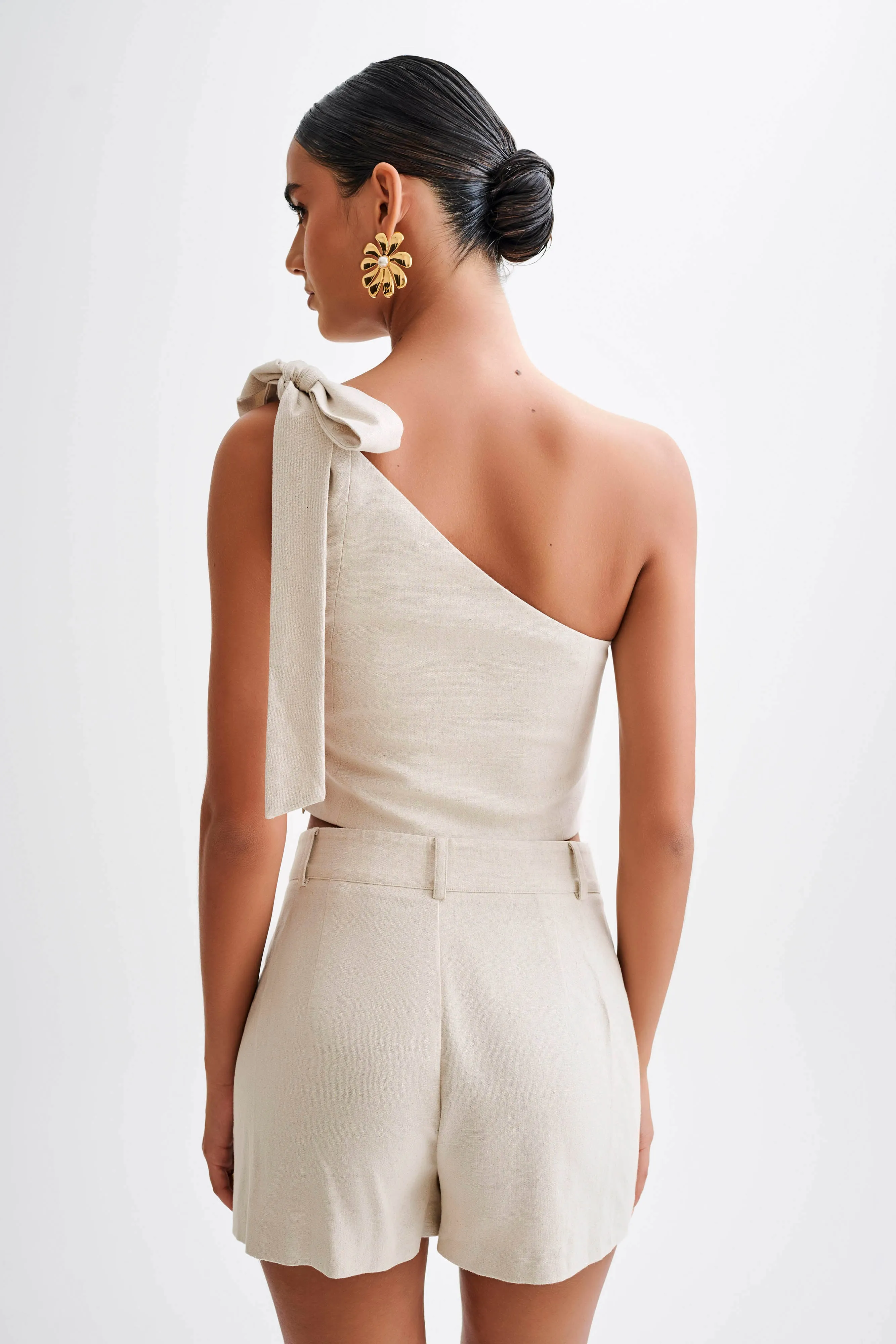Venezia Linen One Shoulder Tie Top - Natural Hidden Zipper Multipurpose Layering Piece