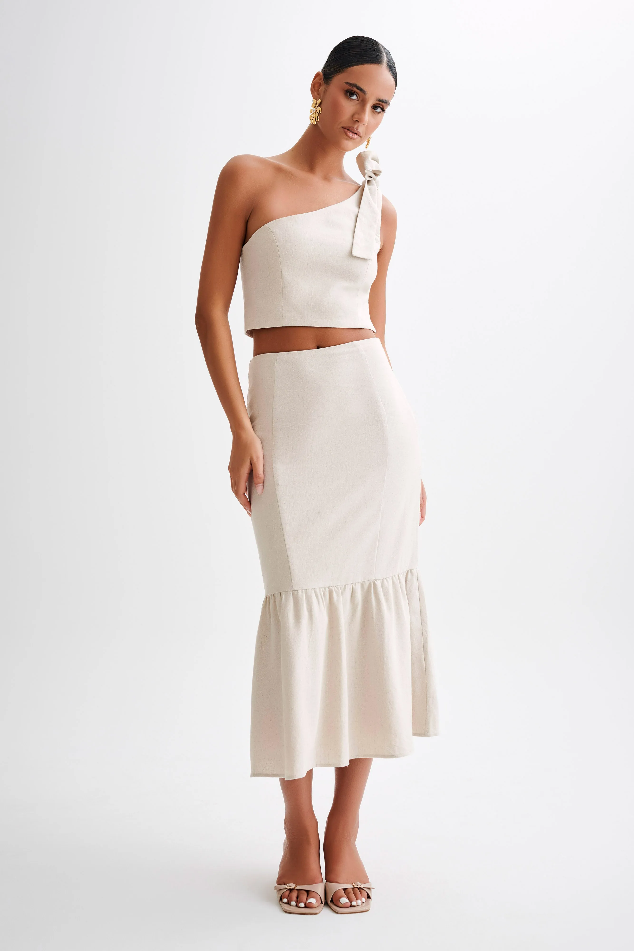 Venezia Linen One Shoulder Tie Top - Natural Stretchable Neckline QuickDry Texture