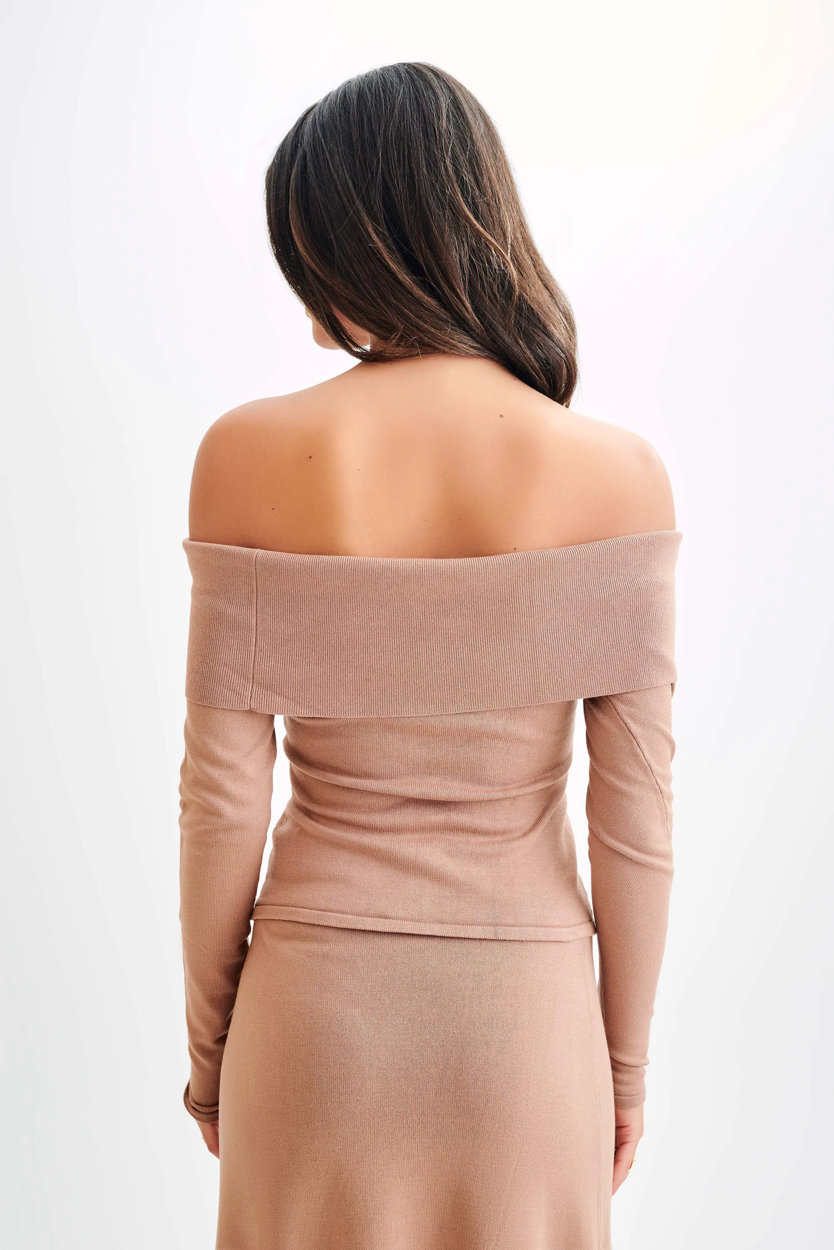 ButterySoftTextile Diedre Buttoned Off Shoulder Knit Top - Pecan