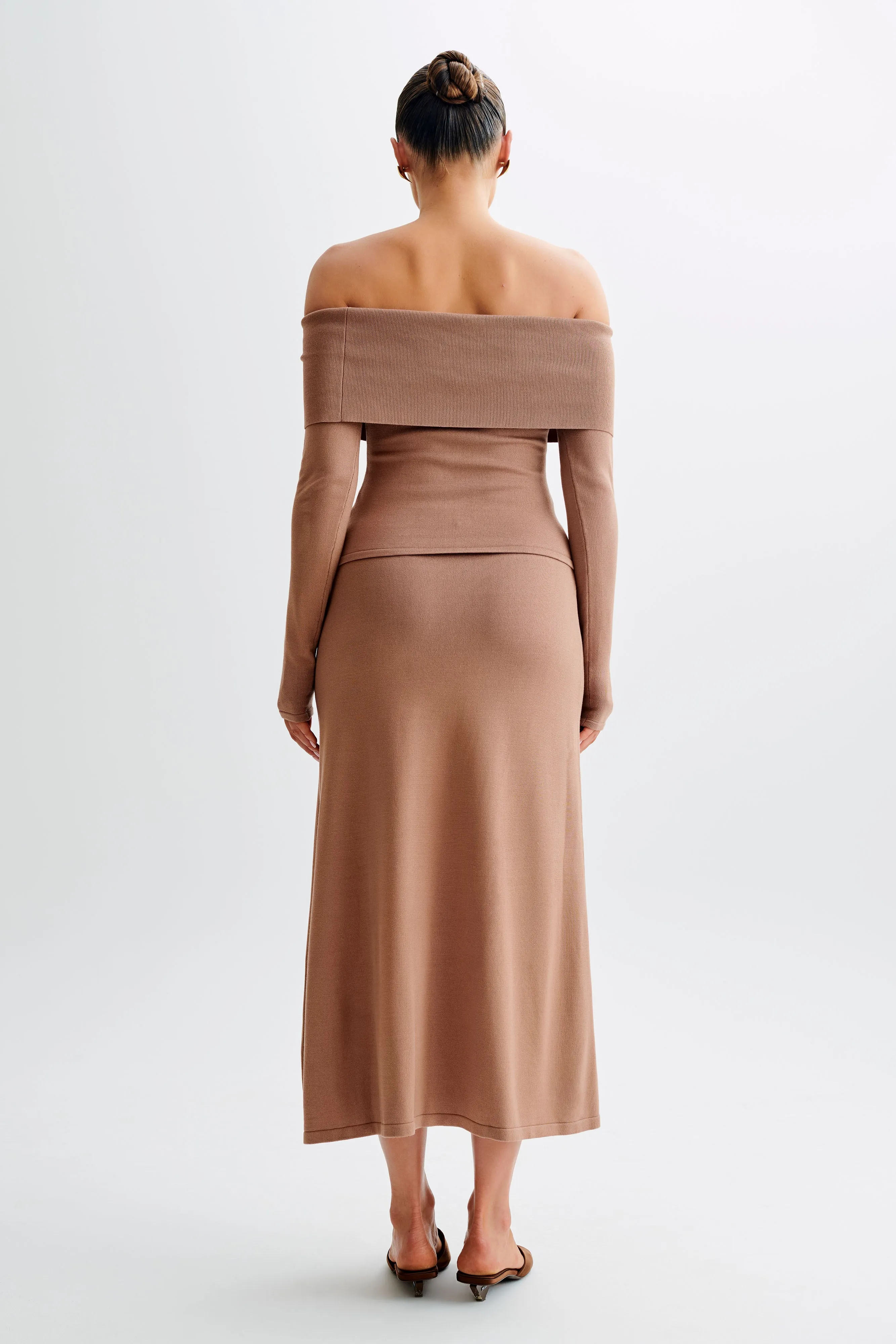 Diedre Buttoned Off Shoulder Knit Top - Pecan Stretch Technology Minimalist Design
