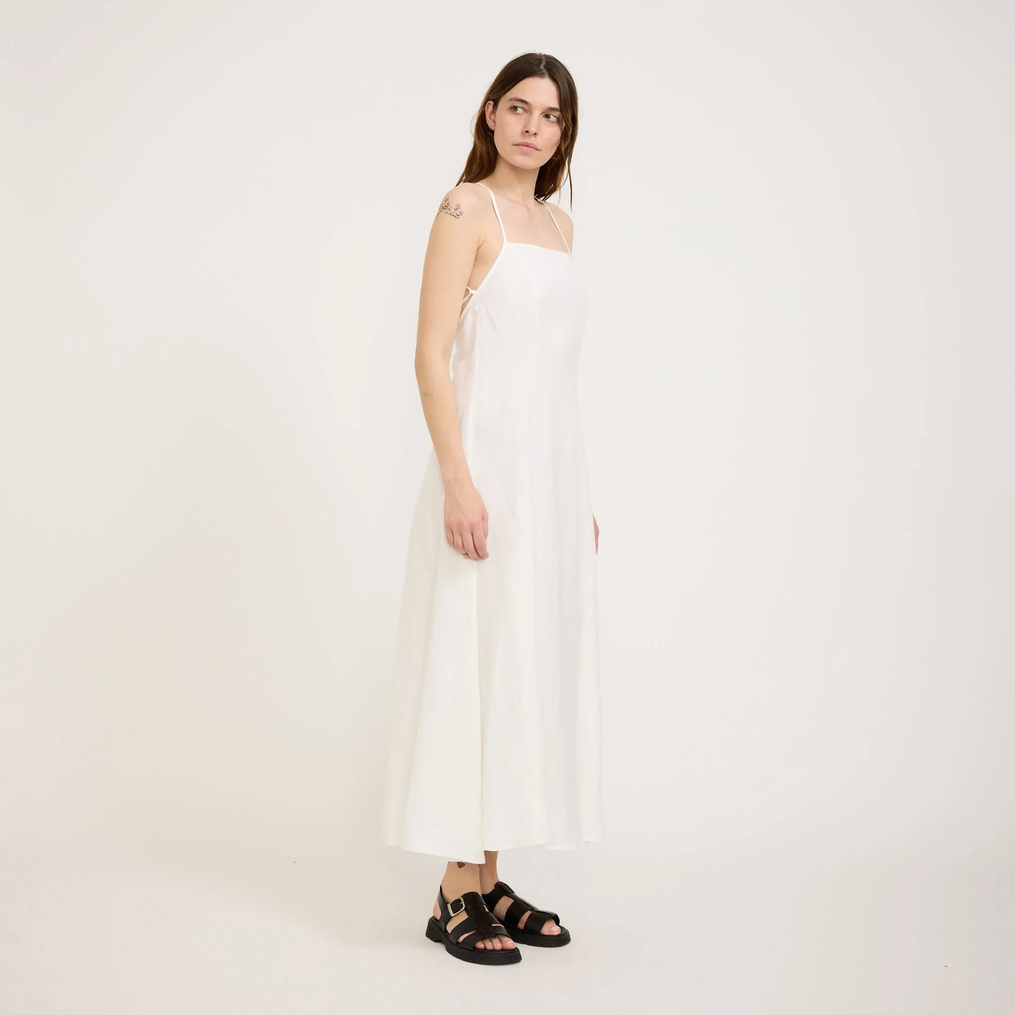 Balloon-Sleeve Dinali Dress Linen White