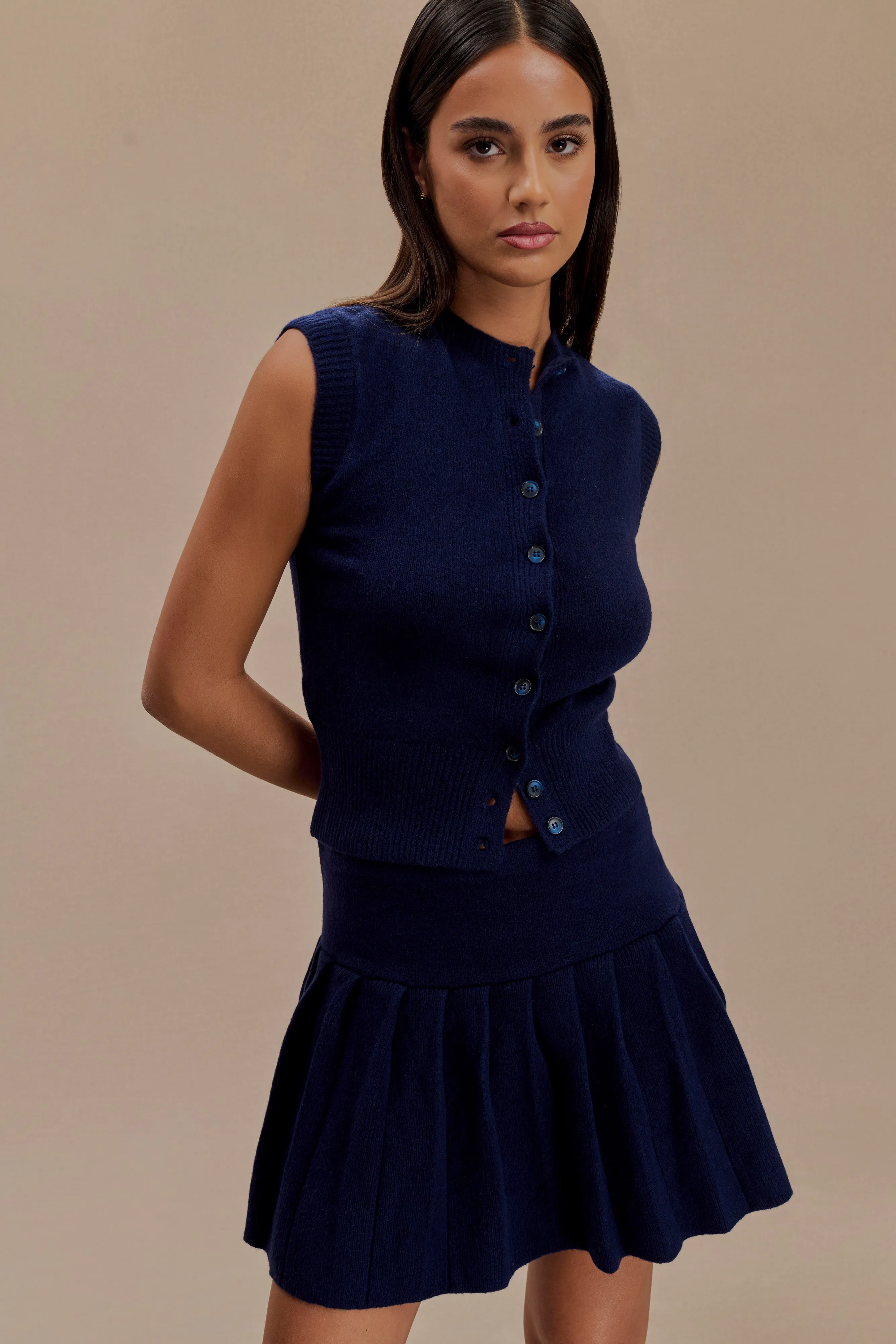 Dionne Pleated Knit Mini Skirt - Dark Navy Linen blend