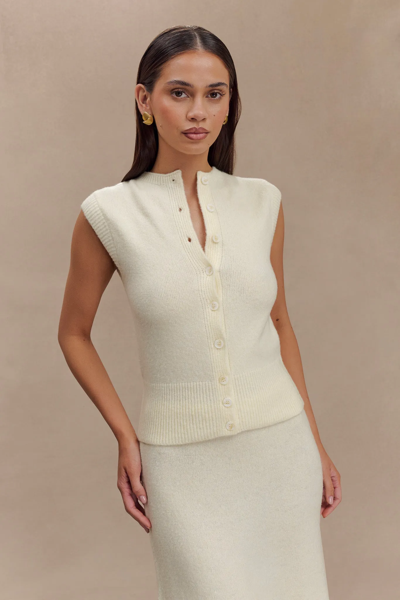 VNeck Style Hidden Button Placket Dionne Sleeveless Knit Vest - Ivory Marle