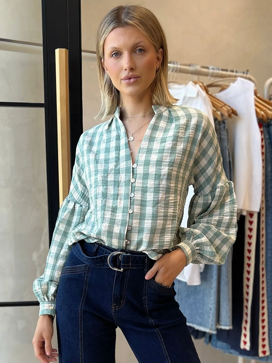 Reinforced Hem Stitching DOLCE BLOUSE - GREEN CHECK