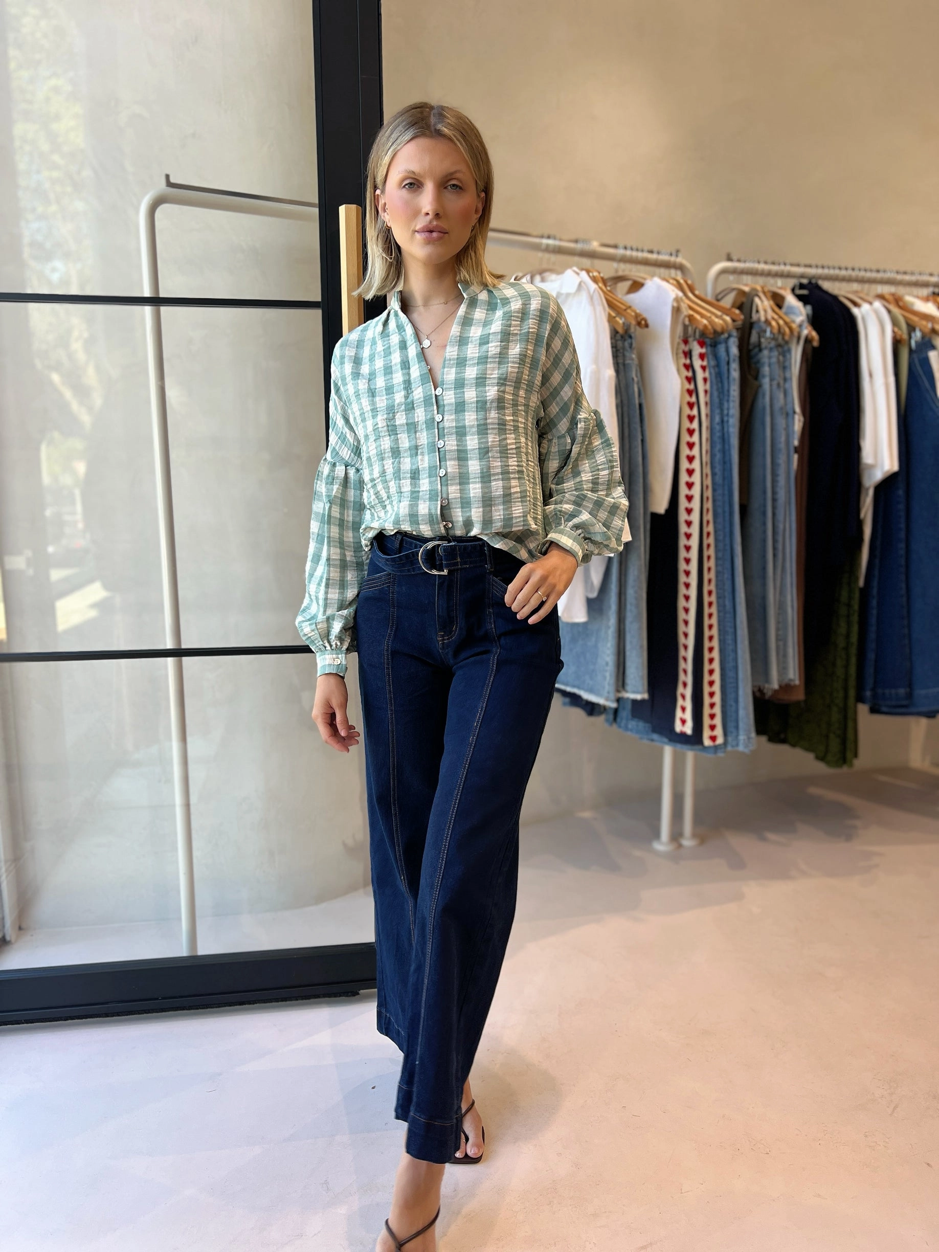 Reinforced Neckline DOLCE BLOUSE - GREEN CHECK