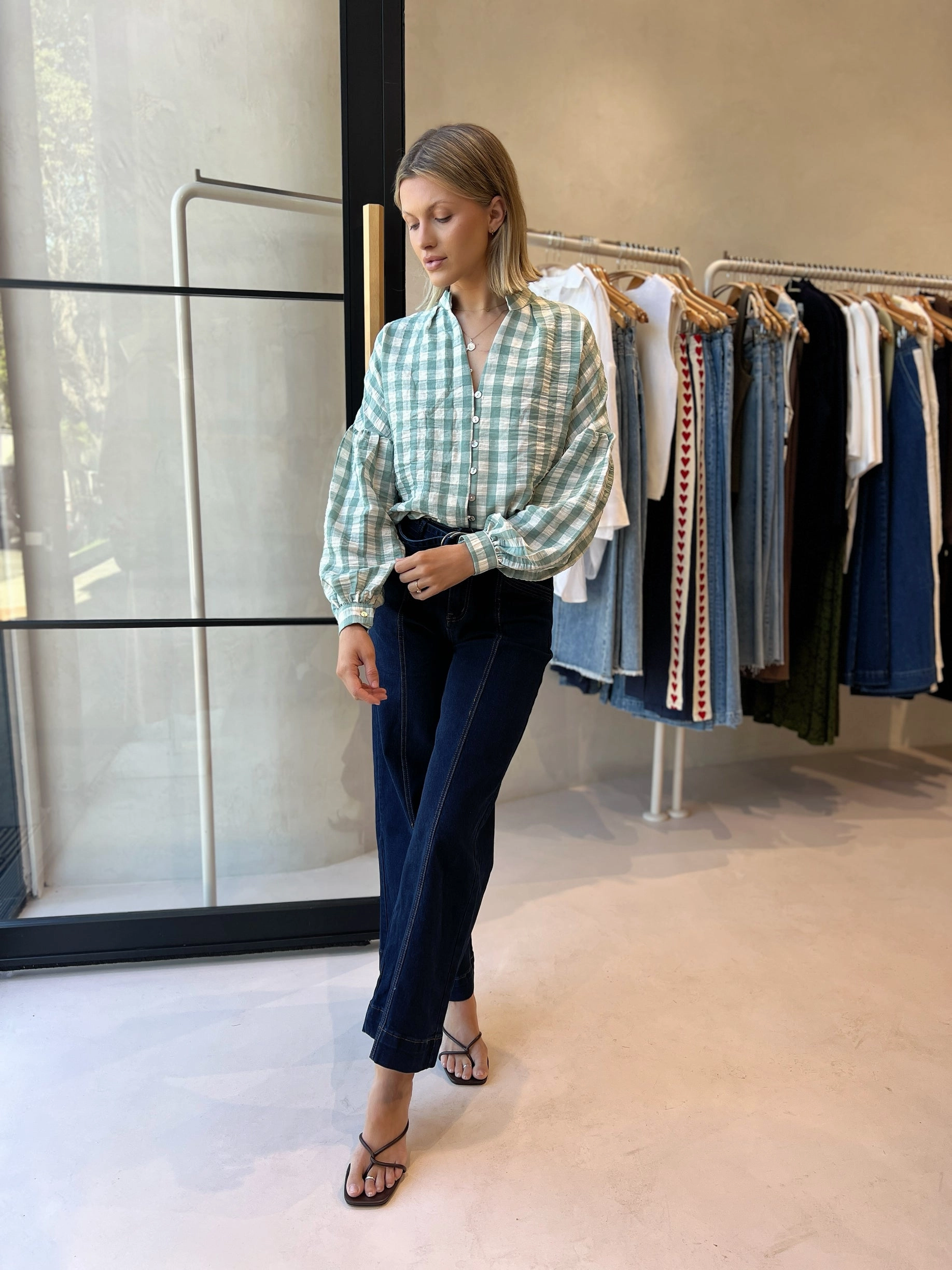 DOLCE BLOUSE - GREEN CHECK SlipResistant Comfy Layer