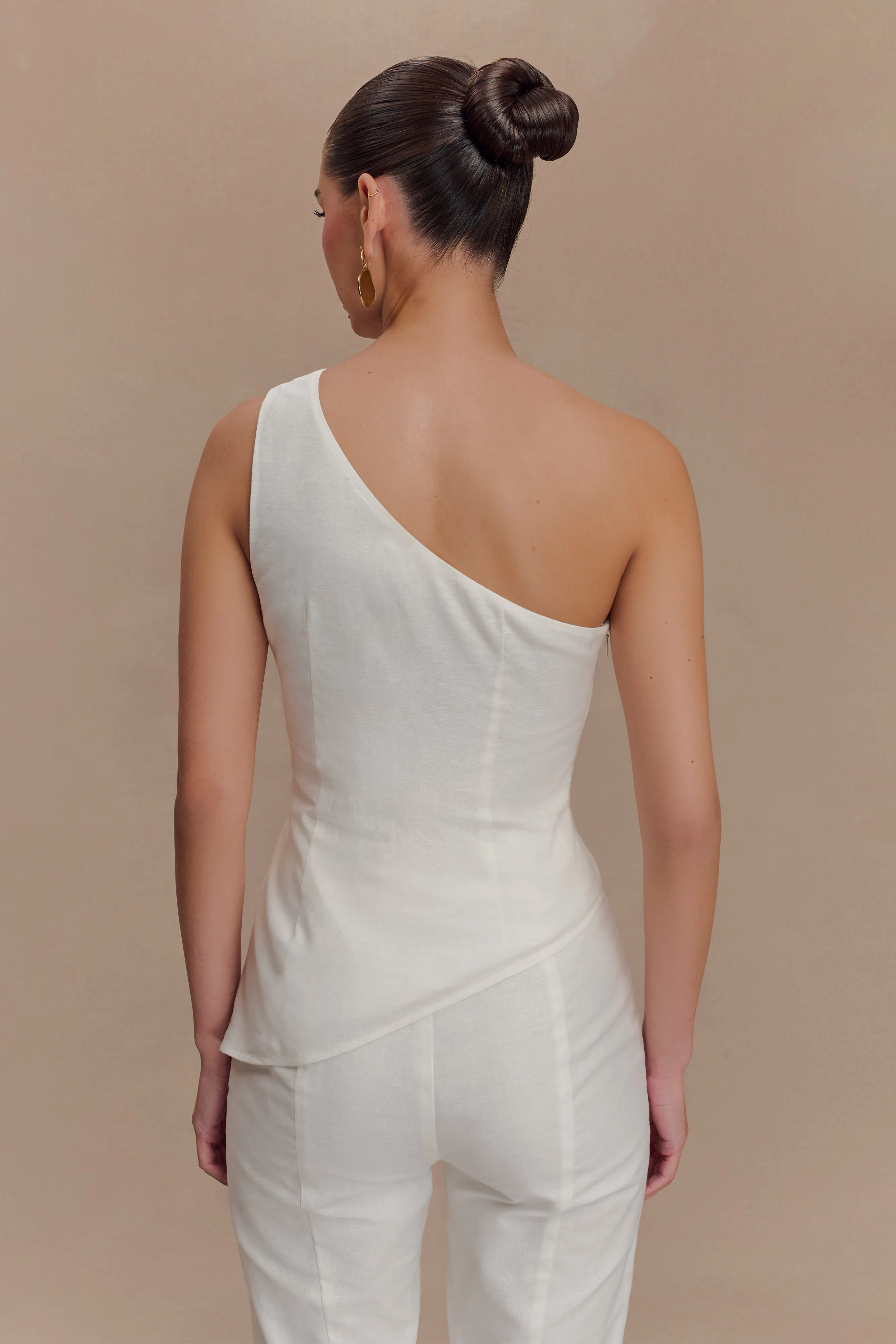 Dora Linen One Shoulder Top - Ivory Stretchy Top