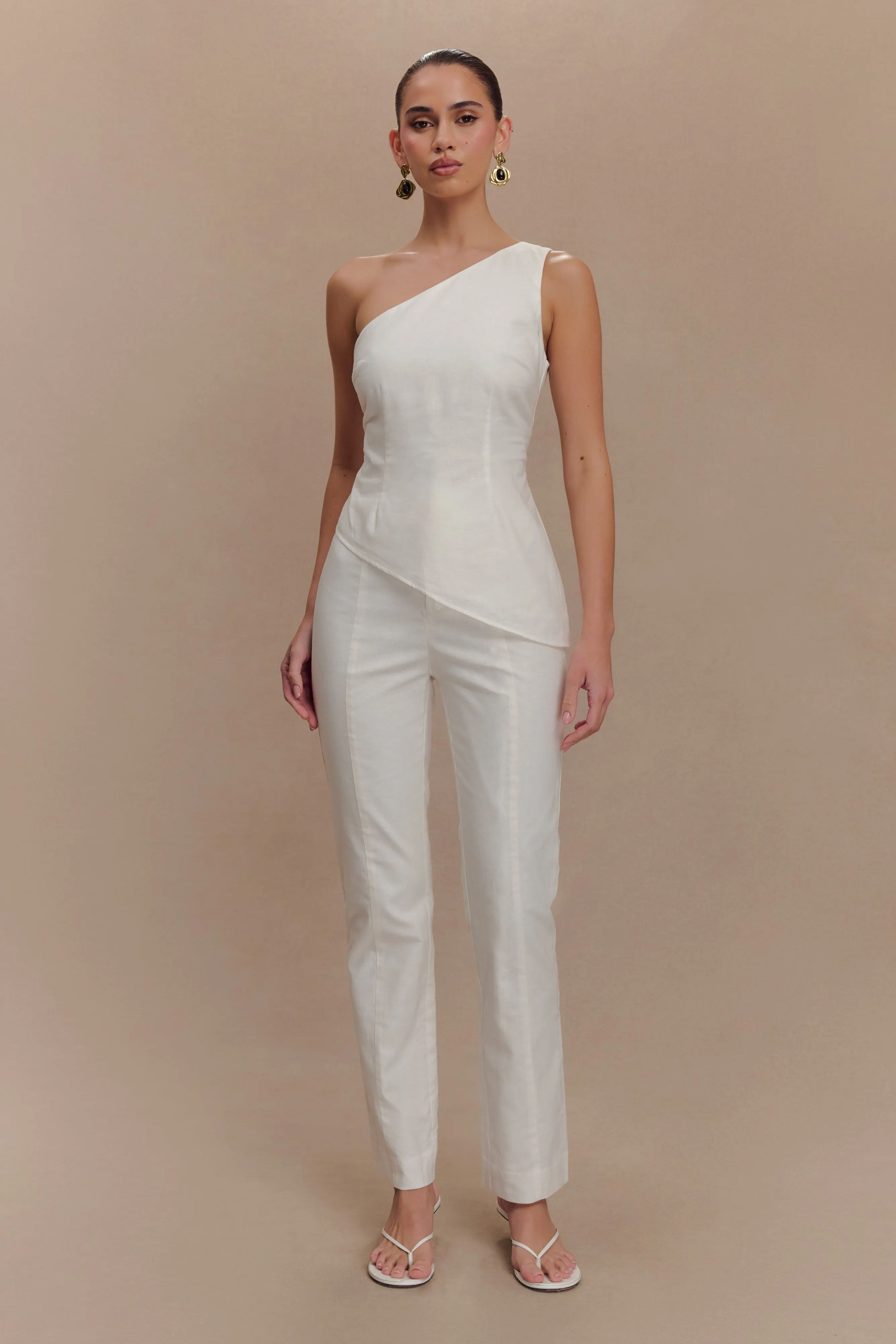 Dora Linen One Shoulder Top - Ivory Formal Blouse
