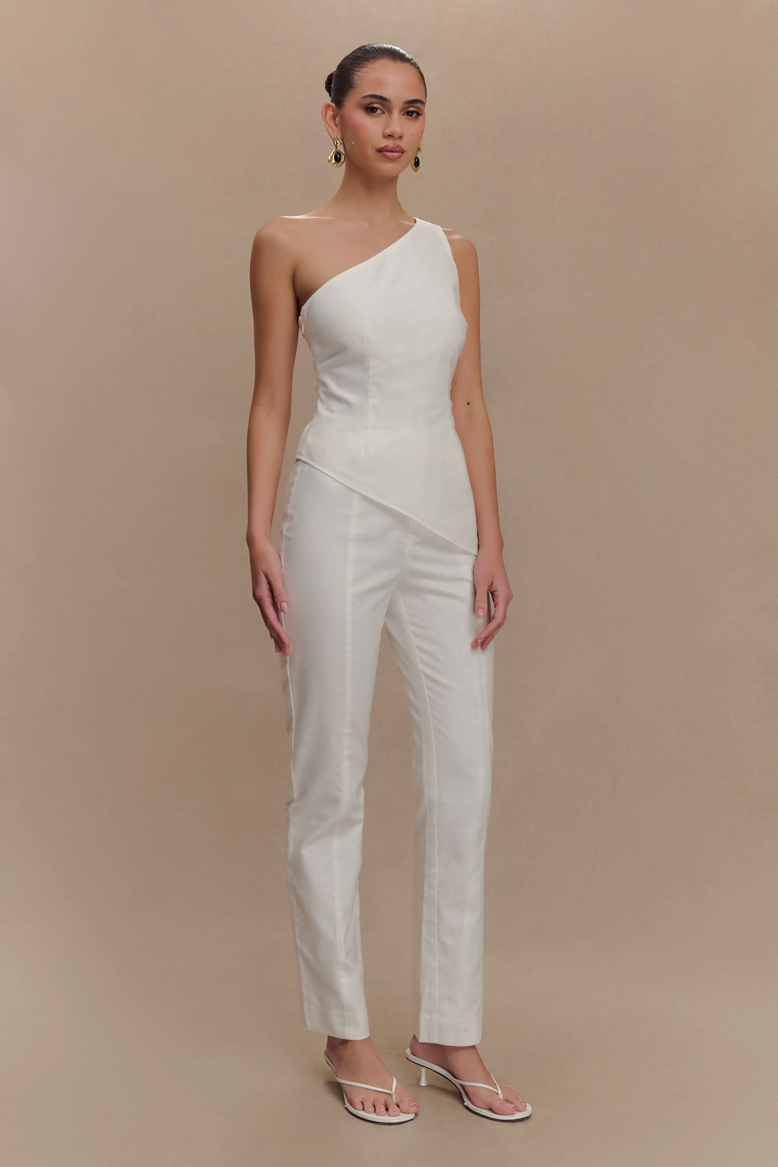 RollUpCuff Smooth Stitching Dora Linen One Shoulder Top - Ivory