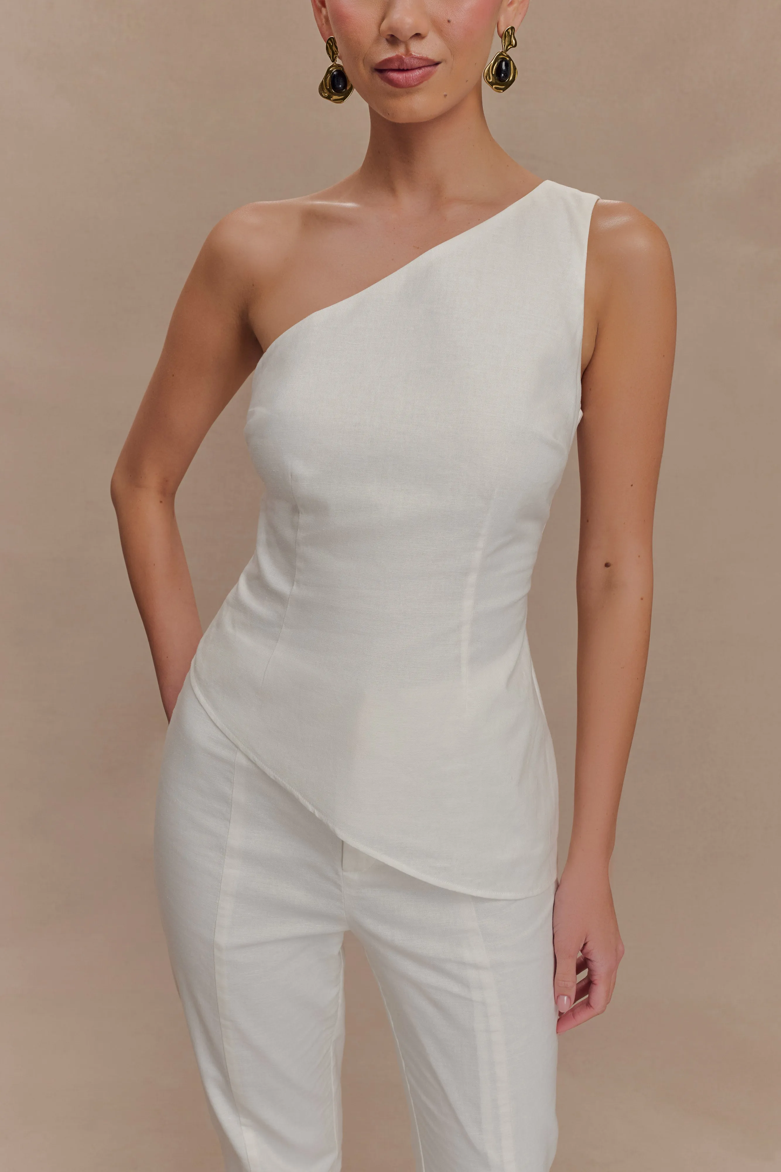 Dora Linen One Shoulder Top - Ivory Multi Panel Cut DurableZipper