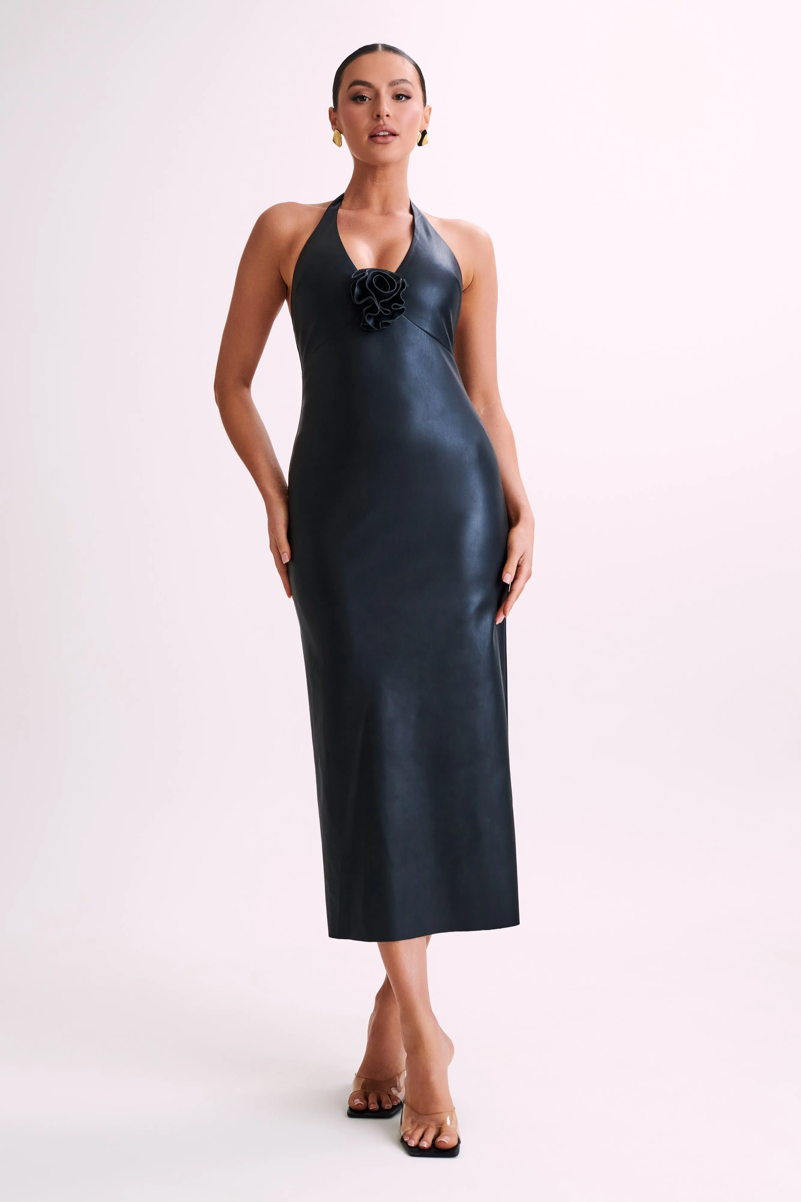 Dori Faux Leather Rose Midi Dress - Black Pure Elegance