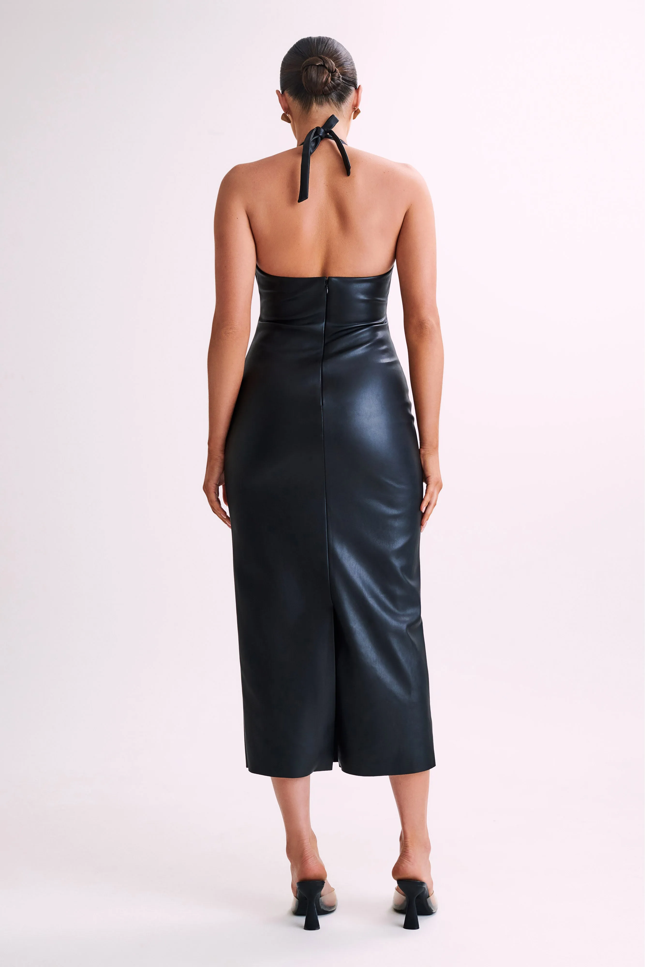 ruffle trim Dori Faux Leather Rose Midi Dress - Black