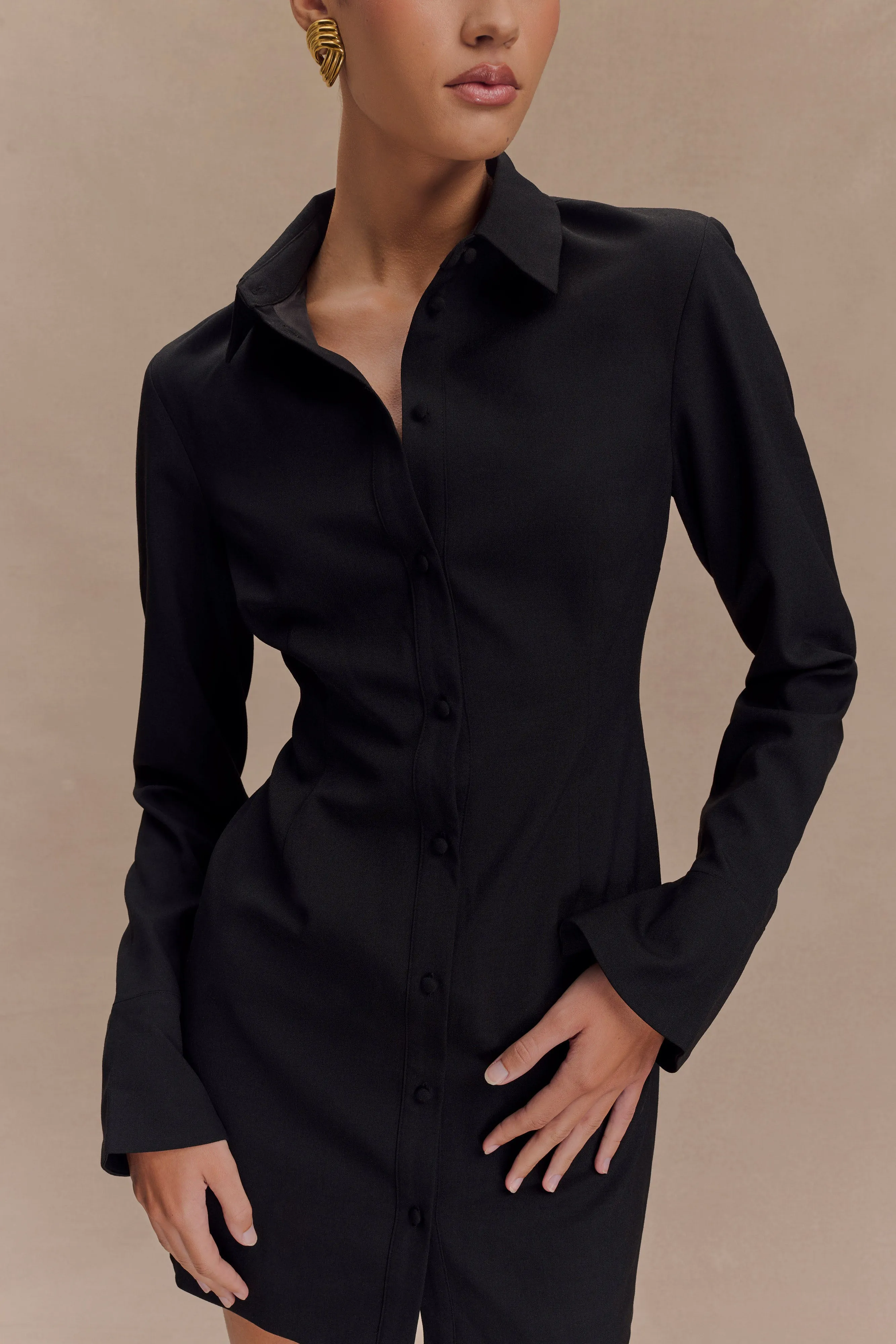 Minimalist feel Dorian Fitted Shirt Mini Dress - Black