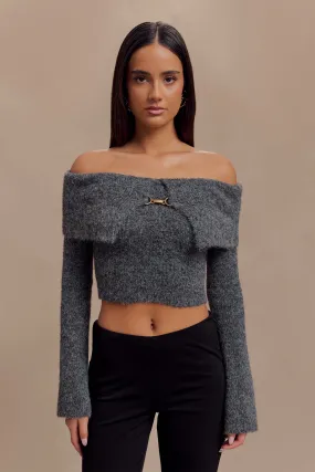 Durable Reinforced Shoulders Sustainable Fabric Blend Baxter Off Shoulder Fluffy Knit Top - Charcoal