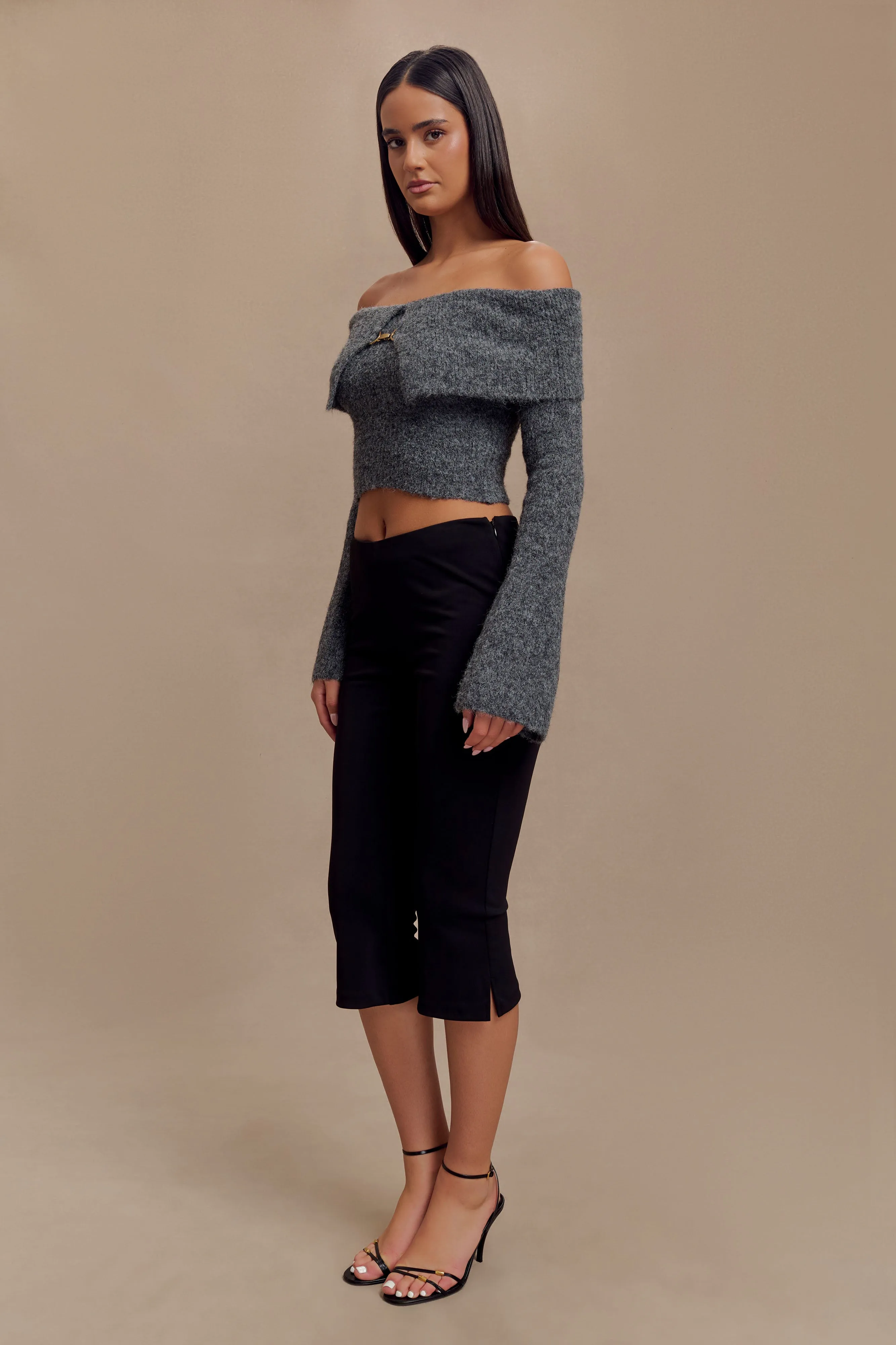 FeatherlightConstruction Baxter Off Shoulder Fluffy Knit Top - Charcoal