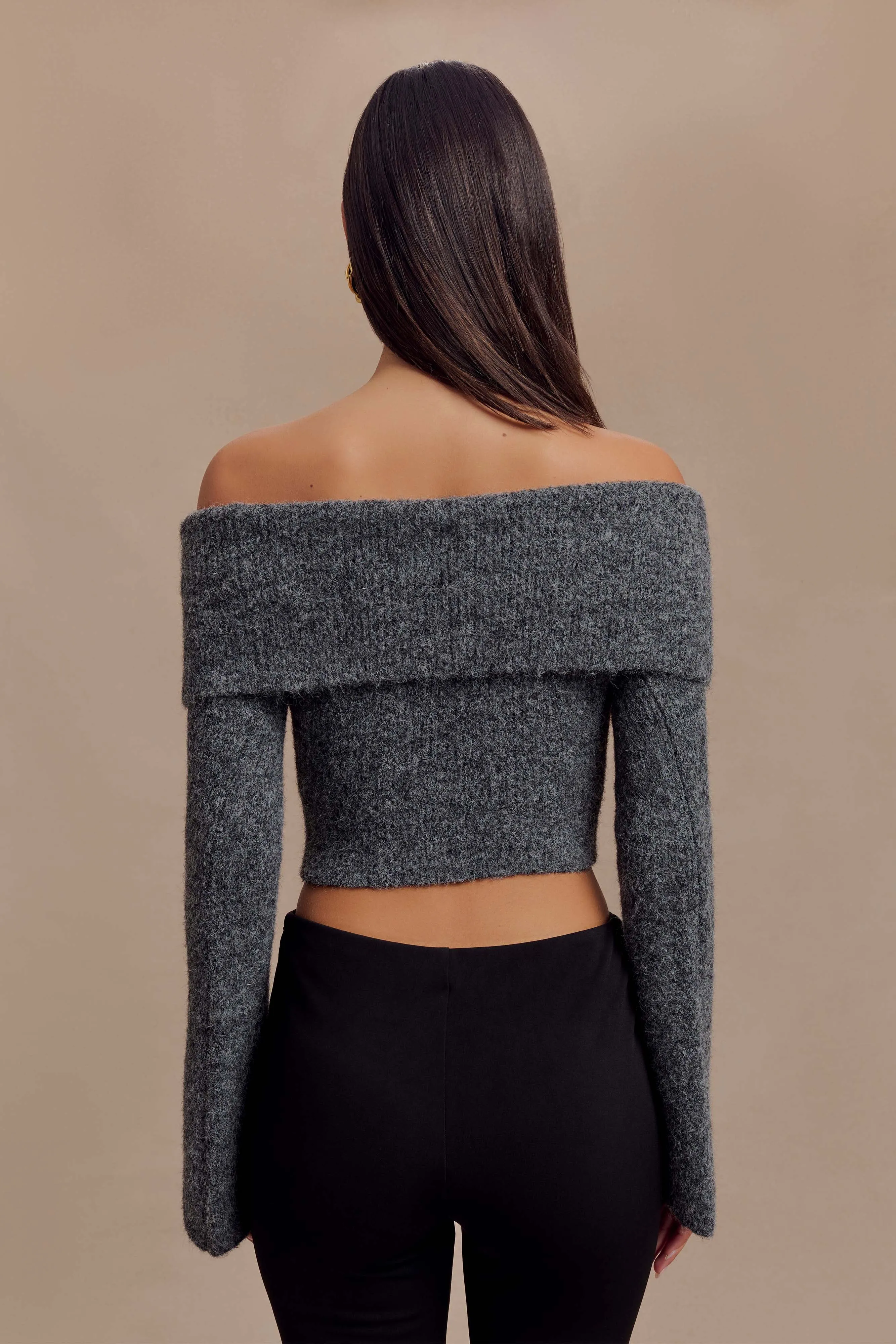 TaglessDesign QuickDryTech Baxter Off Shoulder Fluffy Knit Top - Charcoal