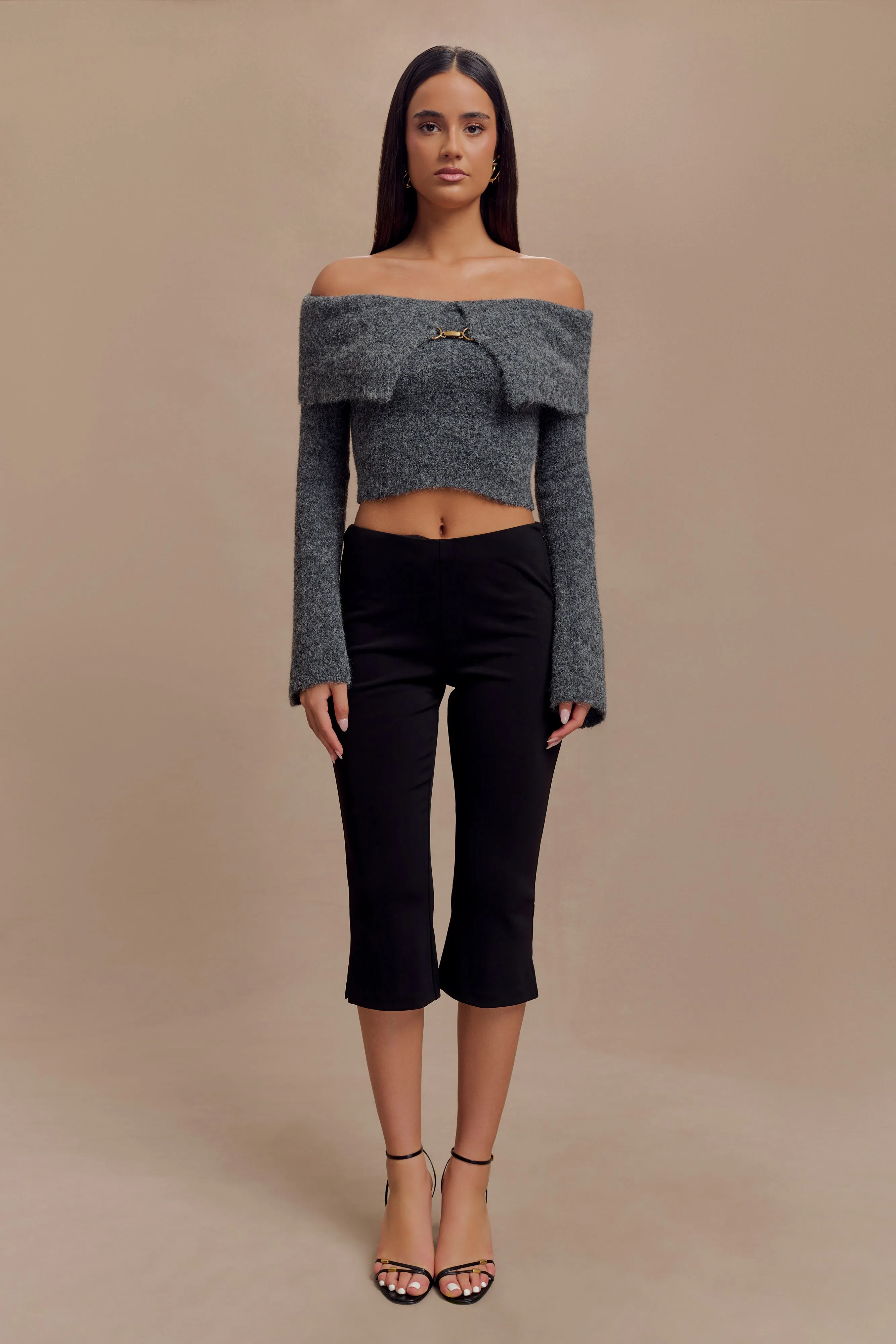 Baxter Off Shoulder Fluffy Knit Top - Charcoal Temperature Regulating Textile MultiPocket