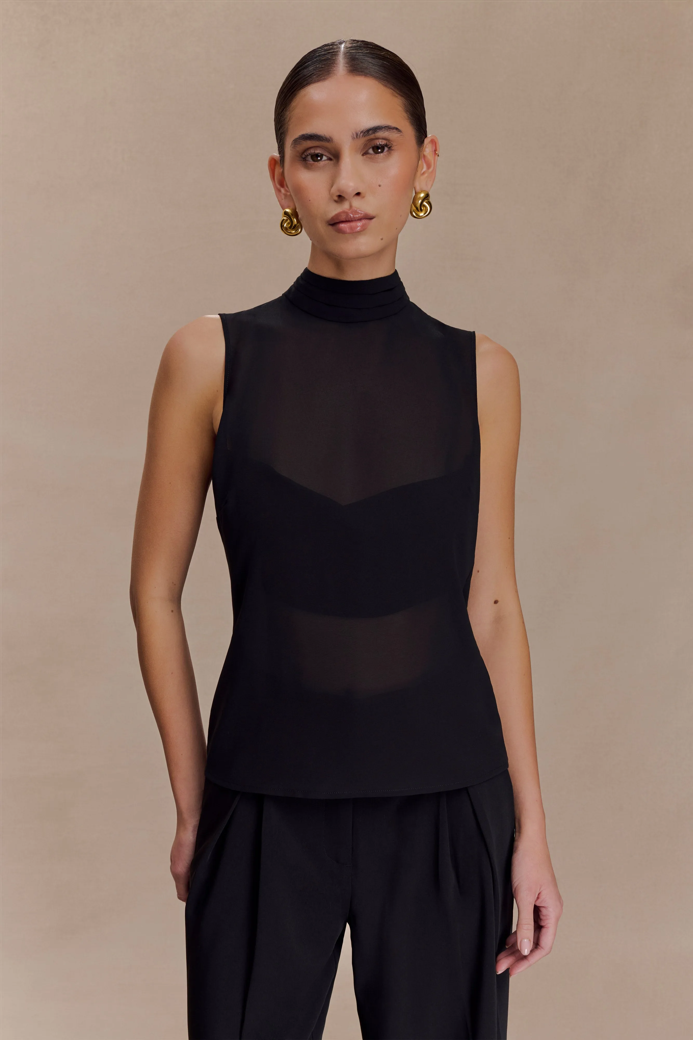 Saria Chiffon Low Back Top - Black Elasticated Hem Textured Weave Pattern