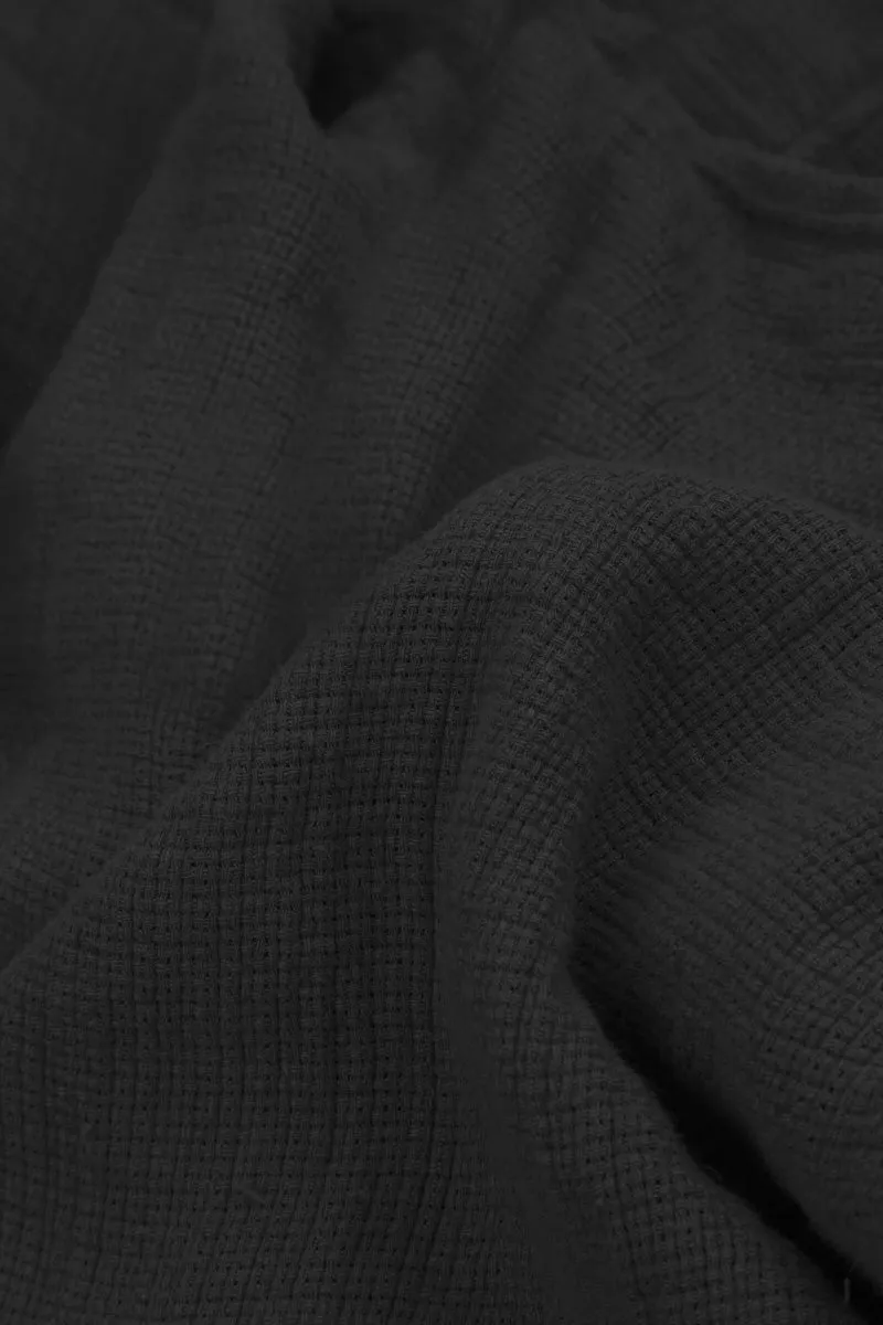 NonRestrictiveCut Bonded Closure Mechanism Balloon Black Textured Linen Jacket Dress
