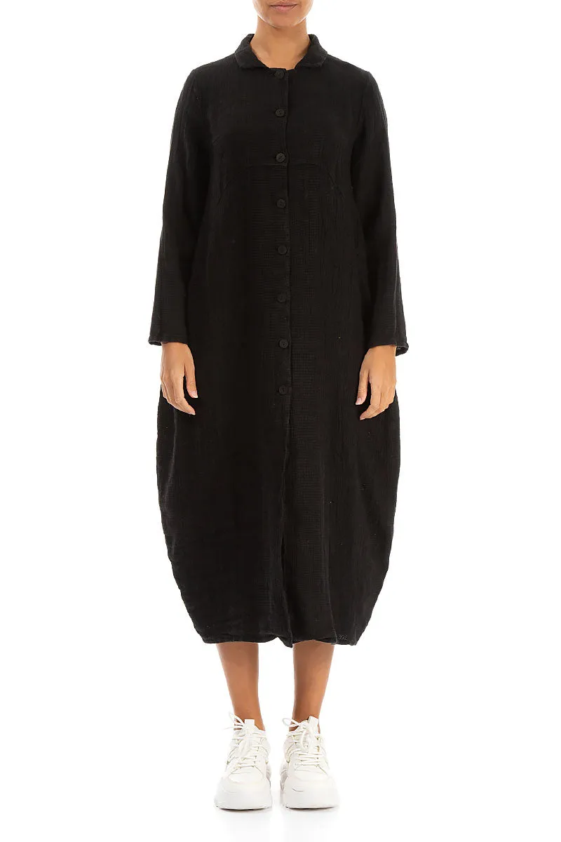 Balloon Black Textured Linen Jacket Dress Quick Release Buckle Mechanism