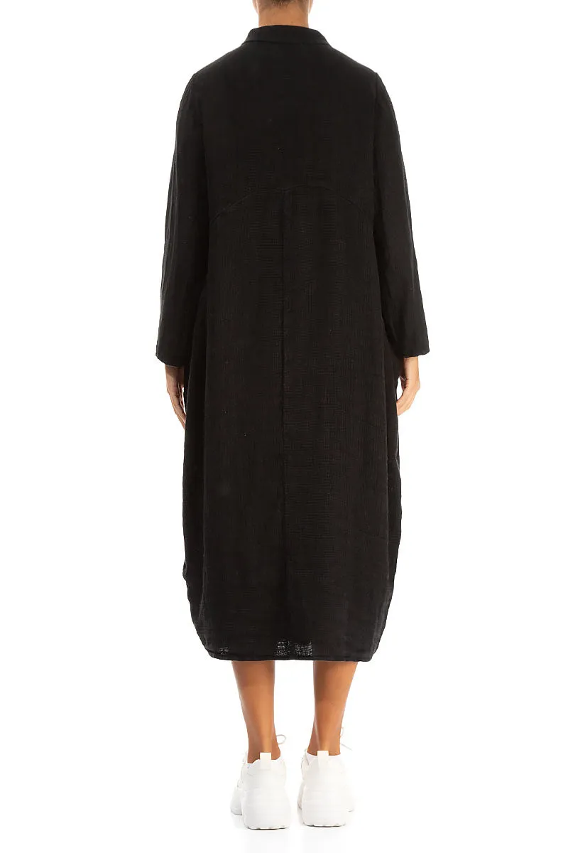 All Season Balloon Black Textured Linen Jacket Dress