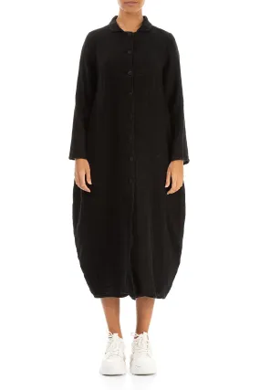 Balloon Black Textured Linen Jacket Dress Quick Release Buckle Mechanism
