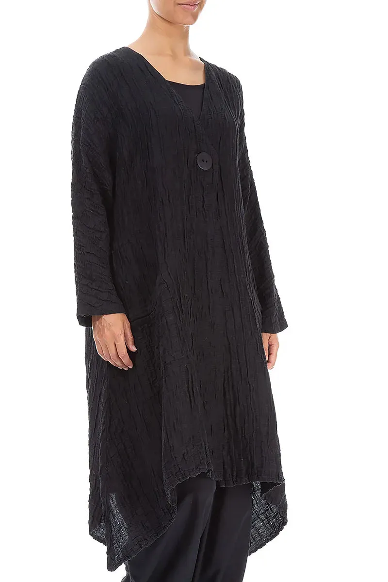 Dropped Edge Crinkled Black Silk Jacket Cozy Fit