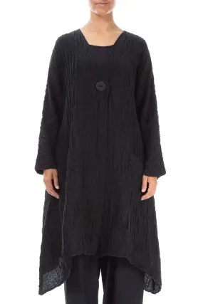 Dropped Edge Crinkled Black Silk Jacket Midweight Layer Multi Pocket Design