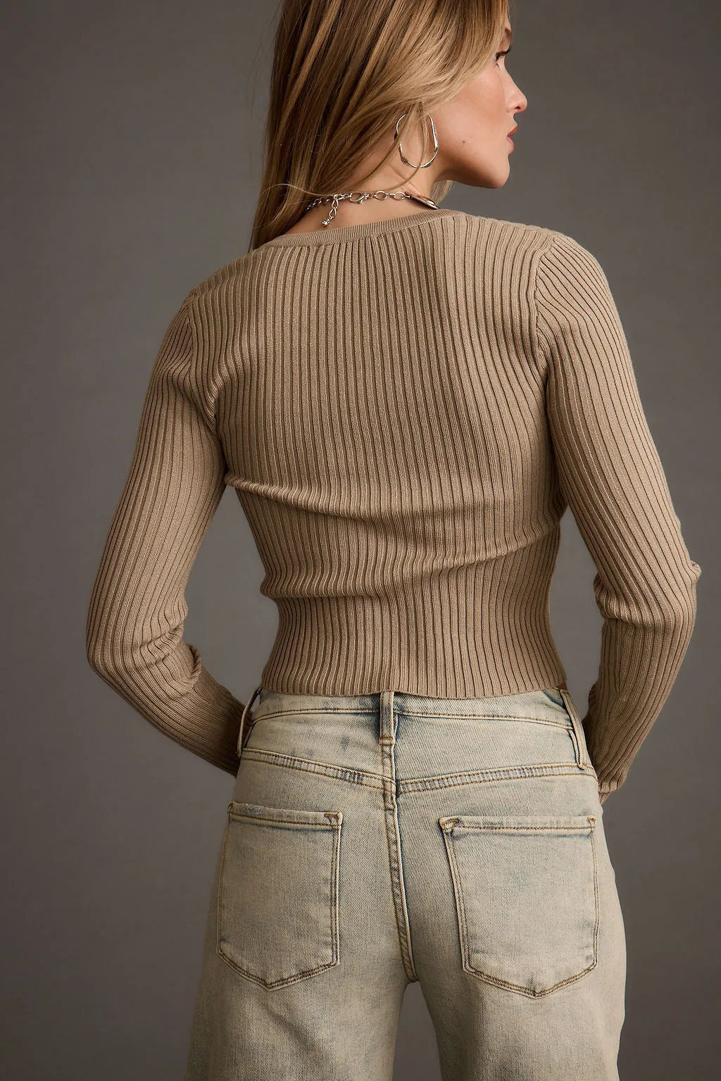 LayeredNeckline Aurora Taupe Long Sleeve Ribbed Knit Top