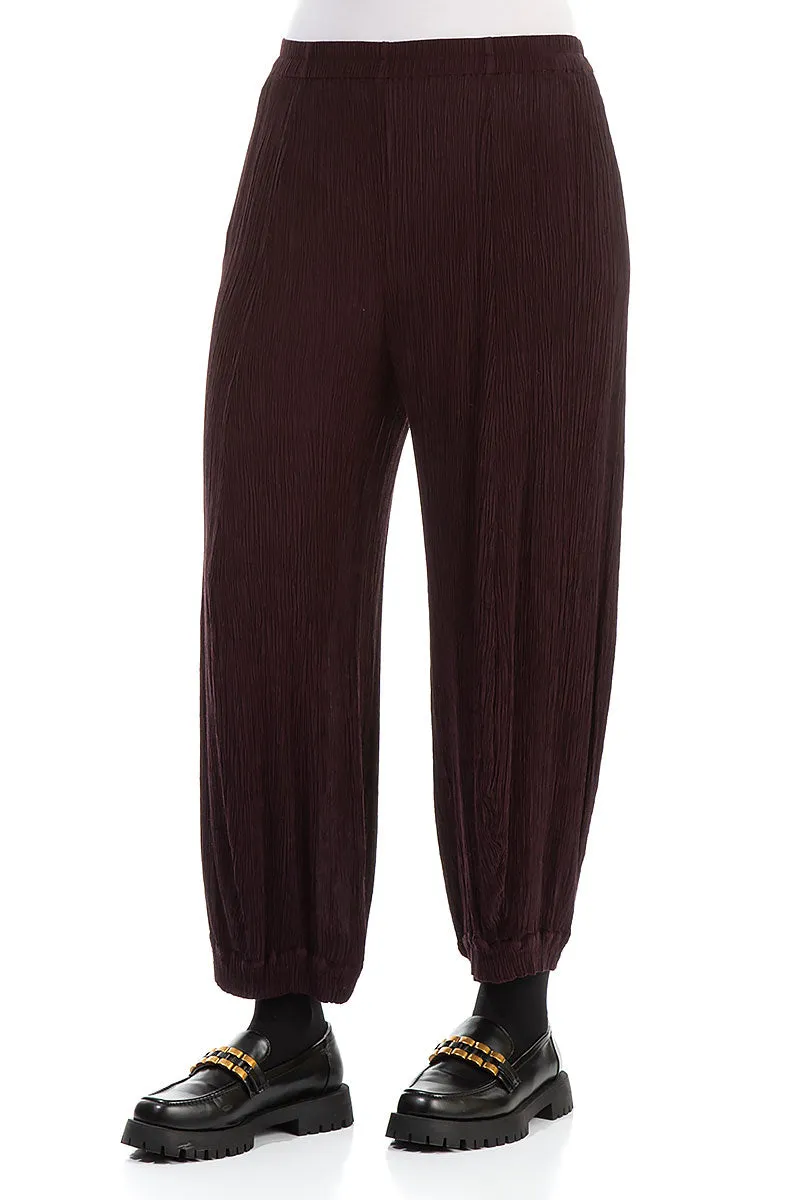Wide Crinkled Dark Aubergine Silk Viscose Trousers Gusseted Crotch Stretchy Material