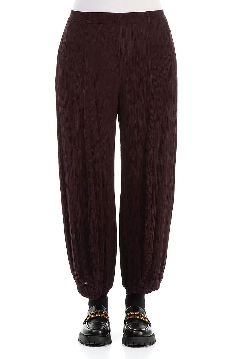 Perfect Stretch Minimal Waist Wide Crinkled Dark Aubergine Silk Viscose Trousers