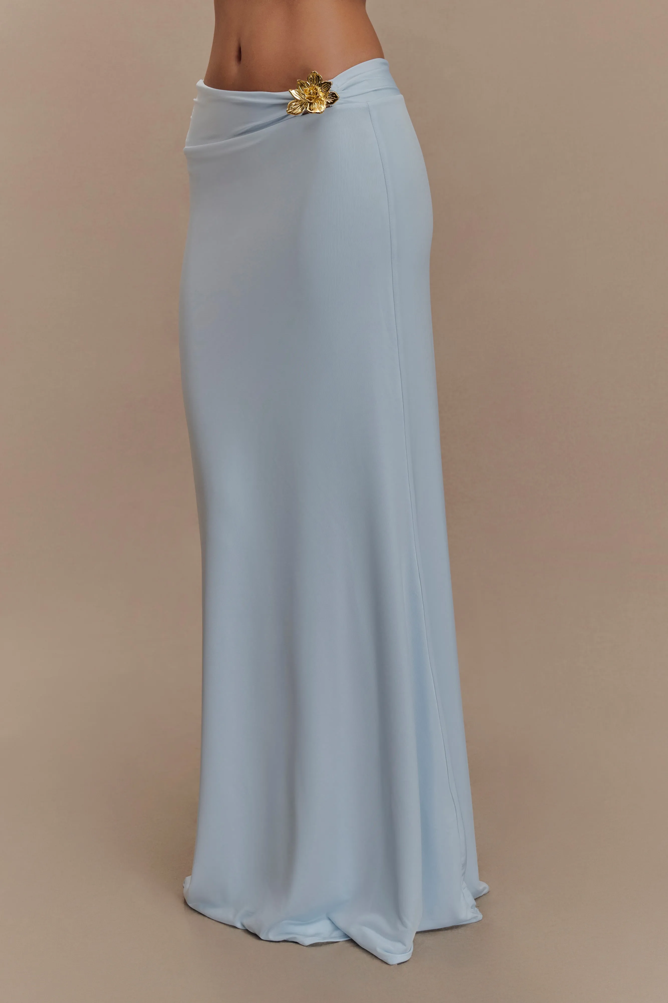 Layering Comfort High Density Weave Ainsley Asymmetrical Maxi Skirt With Floral Hardware - Pale Blue