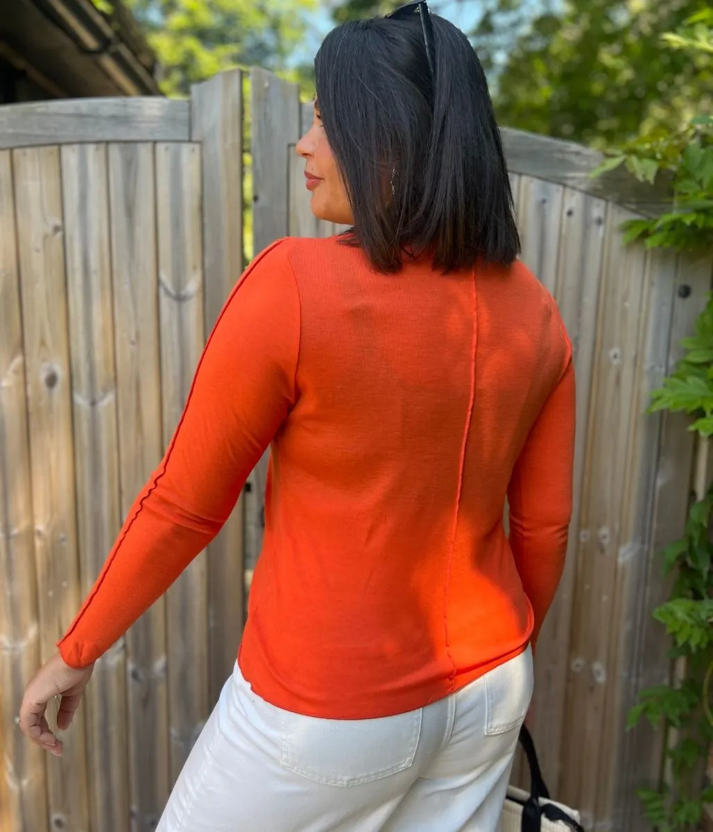 Comfortable Outerwear Orange Lyocell Blend Ribbed Top