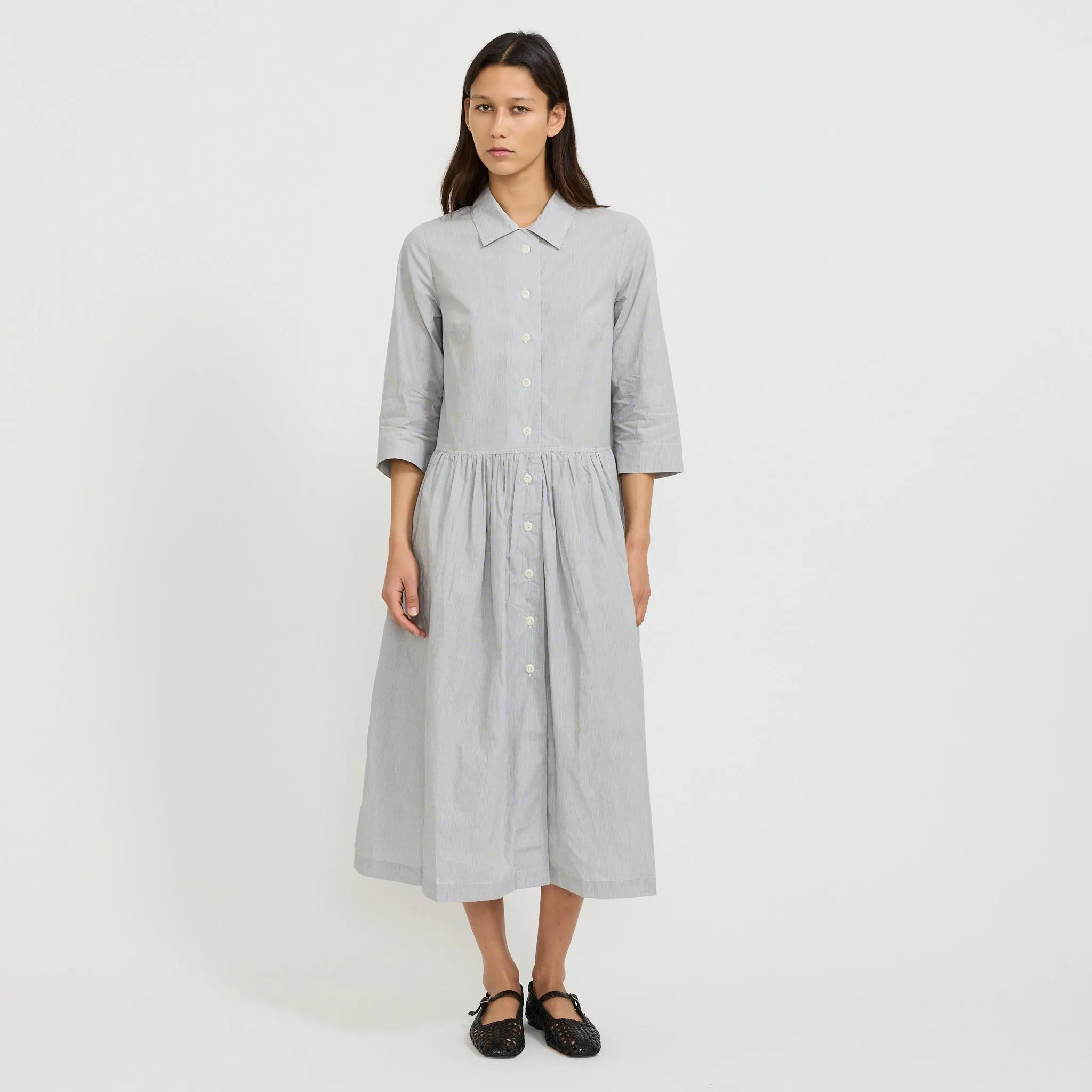Fine Stripe Cotton Shirt Dress Ecru/Slate Unisex Option