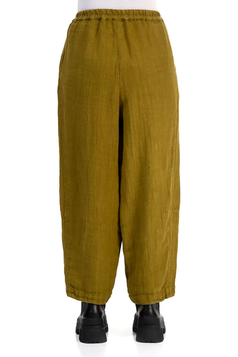Loose Golden Olive Textured Linen Trousers Quick Wash Flattering Style