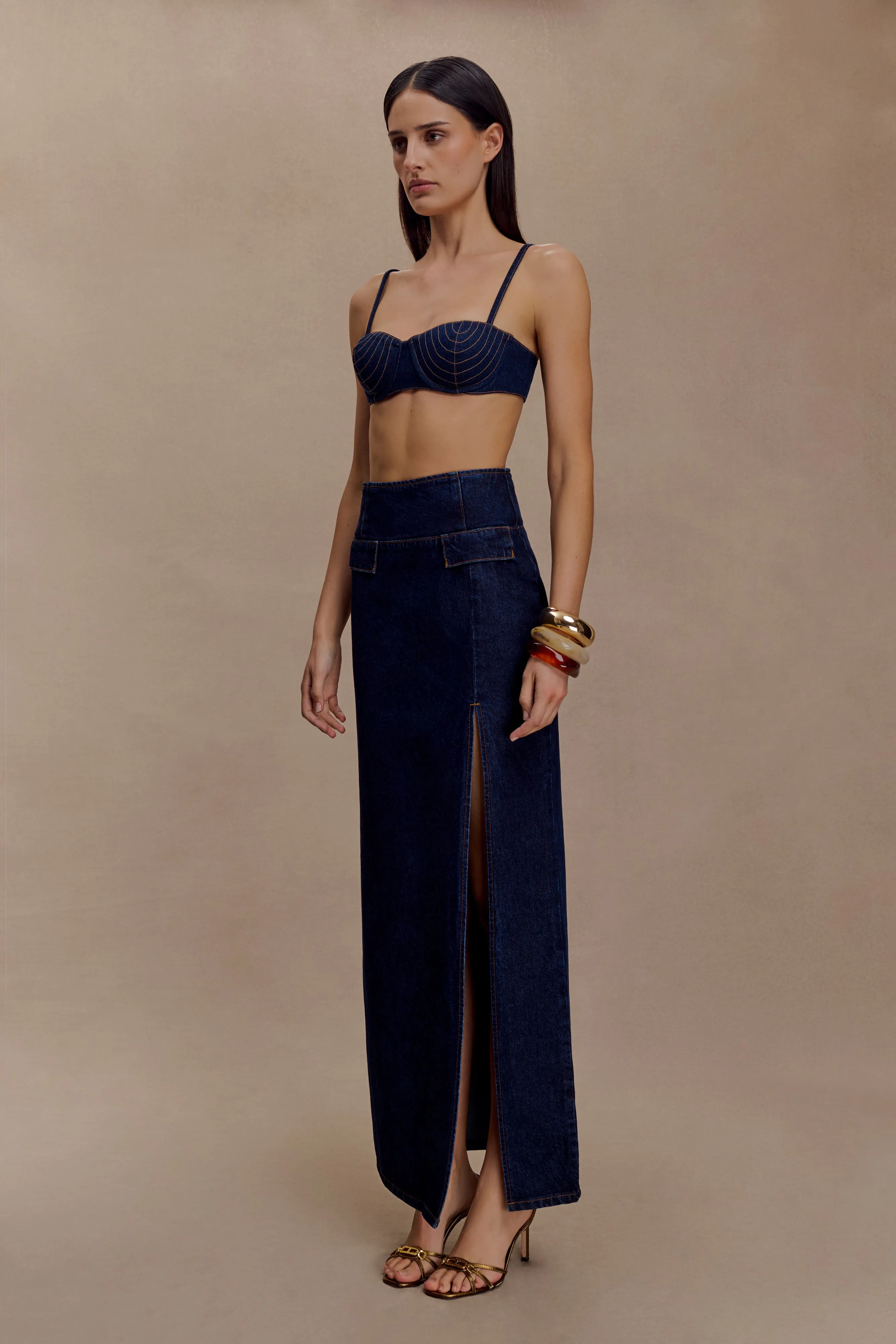 Maylena High Rise Denim Maxi Skirt - Indigo Blue Move Friendly Multi-way wear