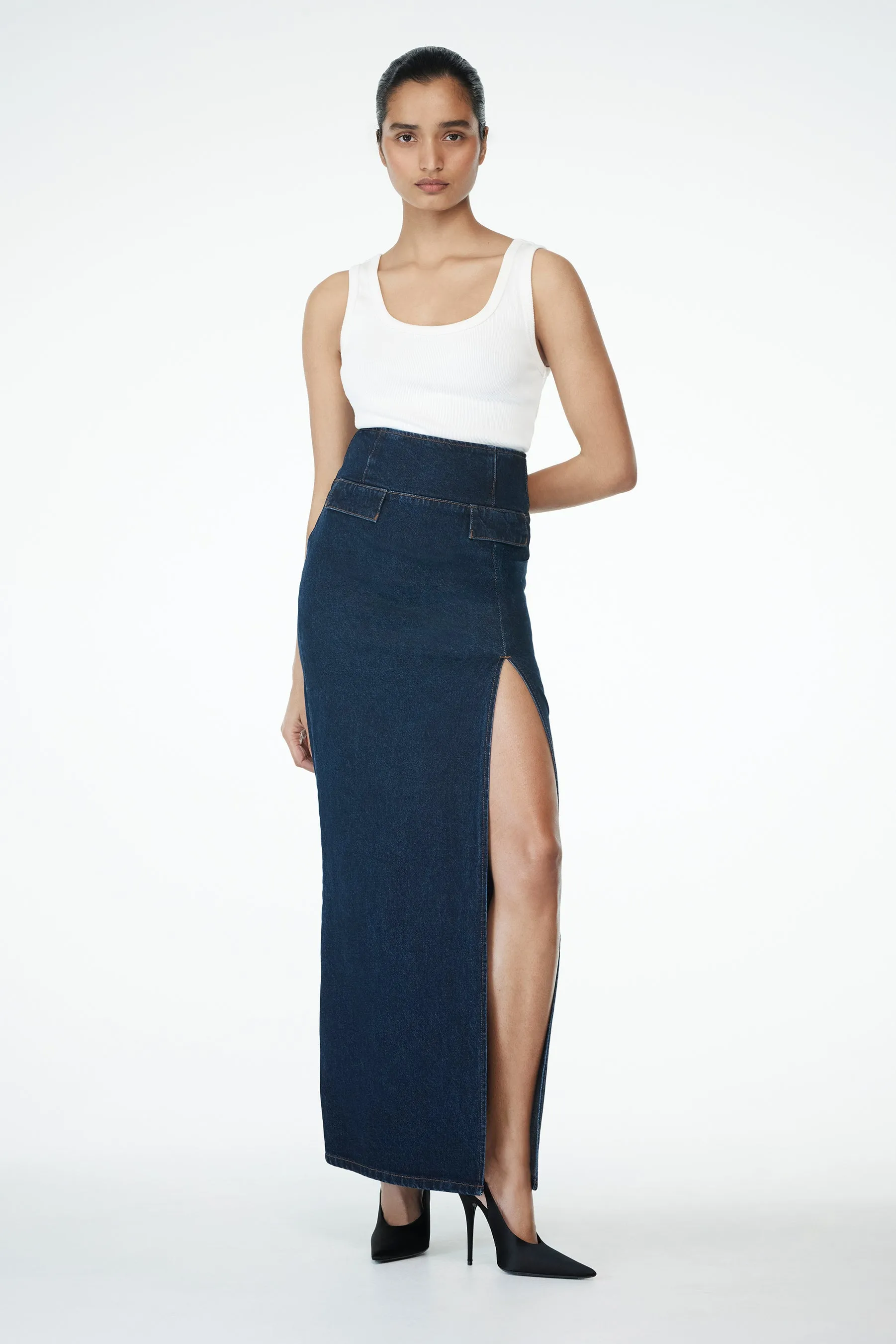 Double Stitched Casual Performance Wear Maylena High Rise Denim Maxi Skirt - Indigo Blue