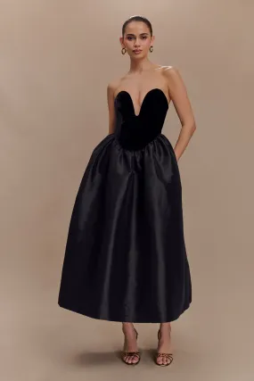 Flora Strapless Velvet Midi Dress - Black Gentle Aesthetic Statement-Buttons