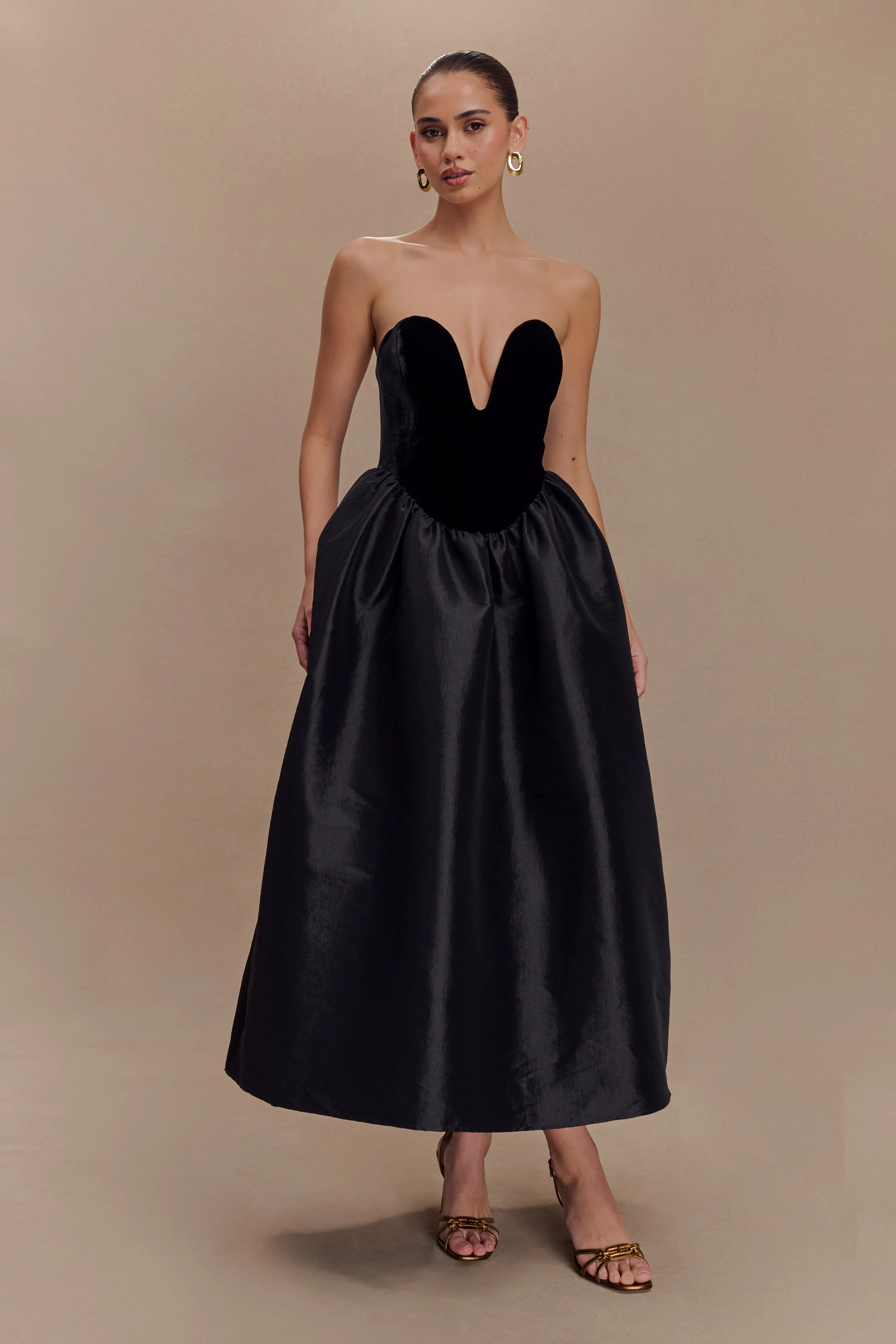 Flora Strapless Velvet Midi Dress - Black Photo Light Printed-Lining
