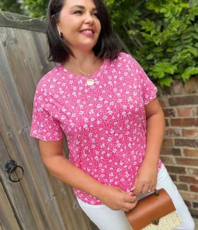 Pink Flower Print Straight Fit Cotton Tee Trans Glow