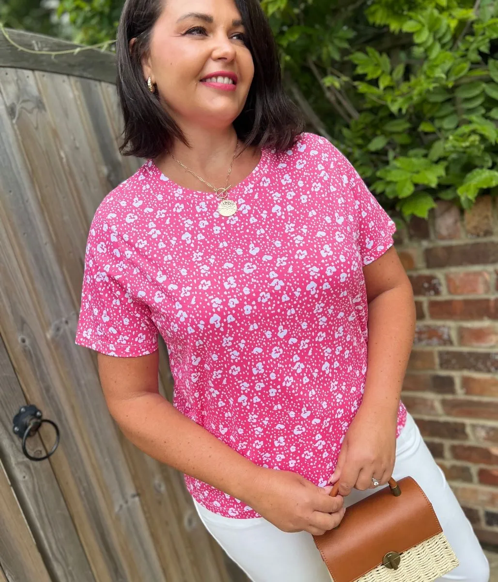 Pink Flower Print Straight Fit Cotton Tee Trans Glow