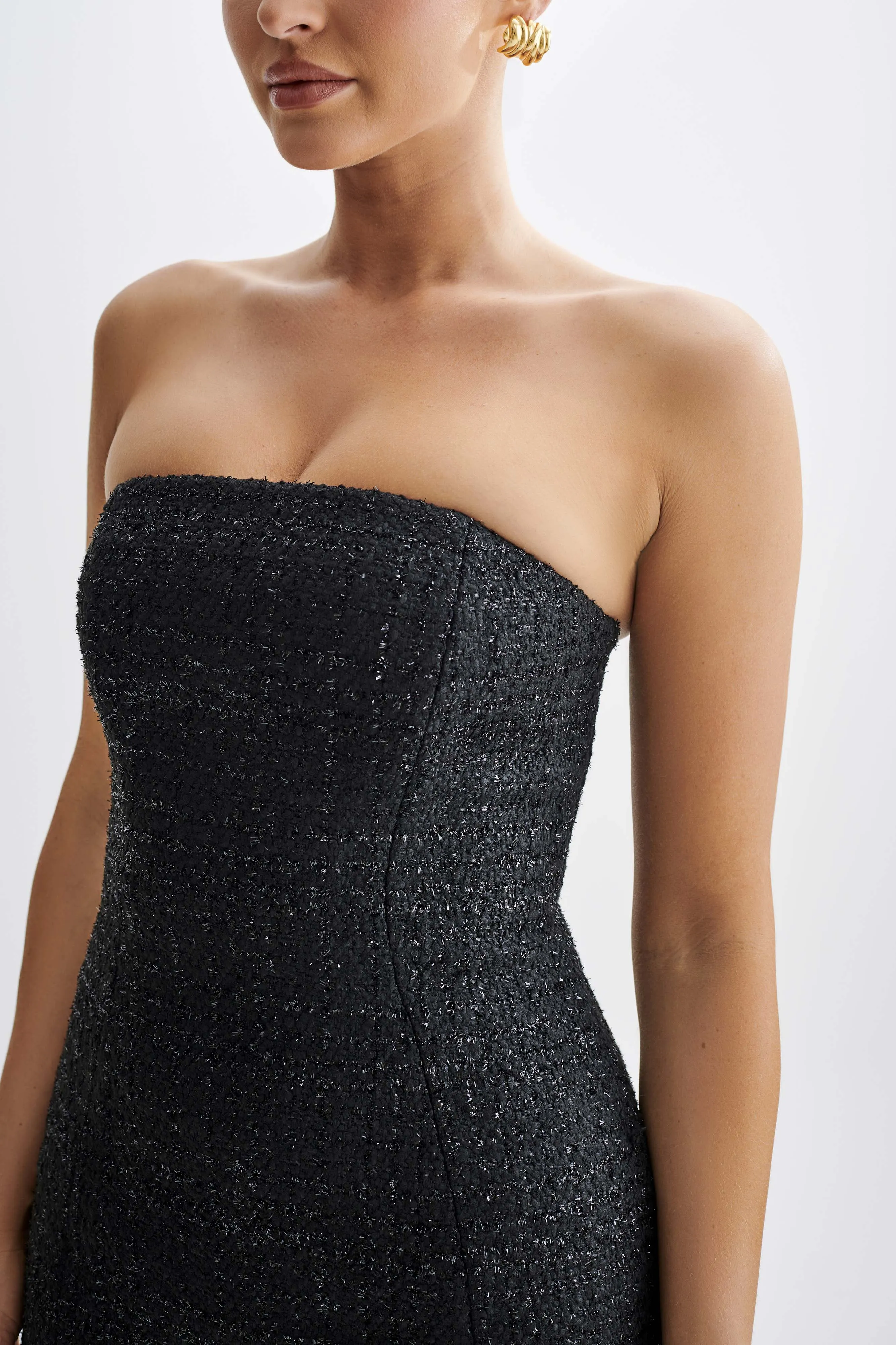 Silk Air Subtle tone Monet Tweed Strapless Midi Dress - Black