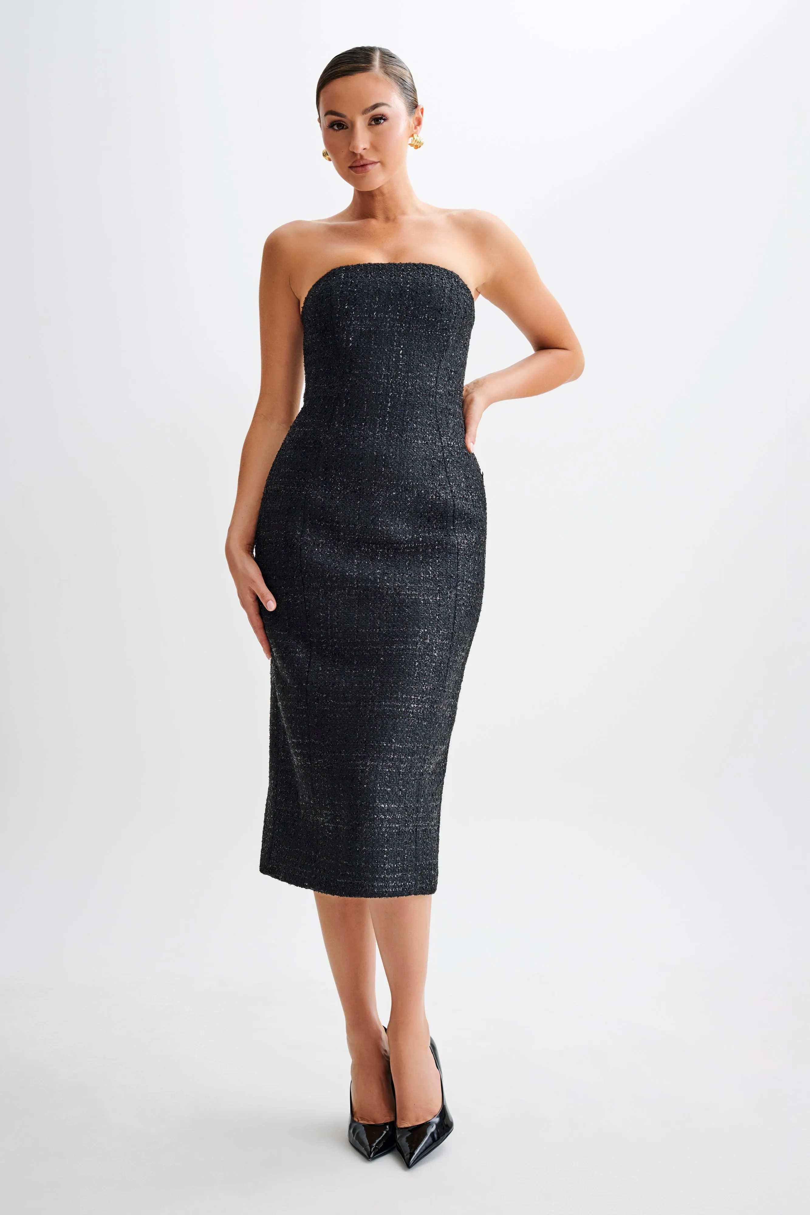 Trendy midi dress Monet Tweed Strapless Midi Dress - Black