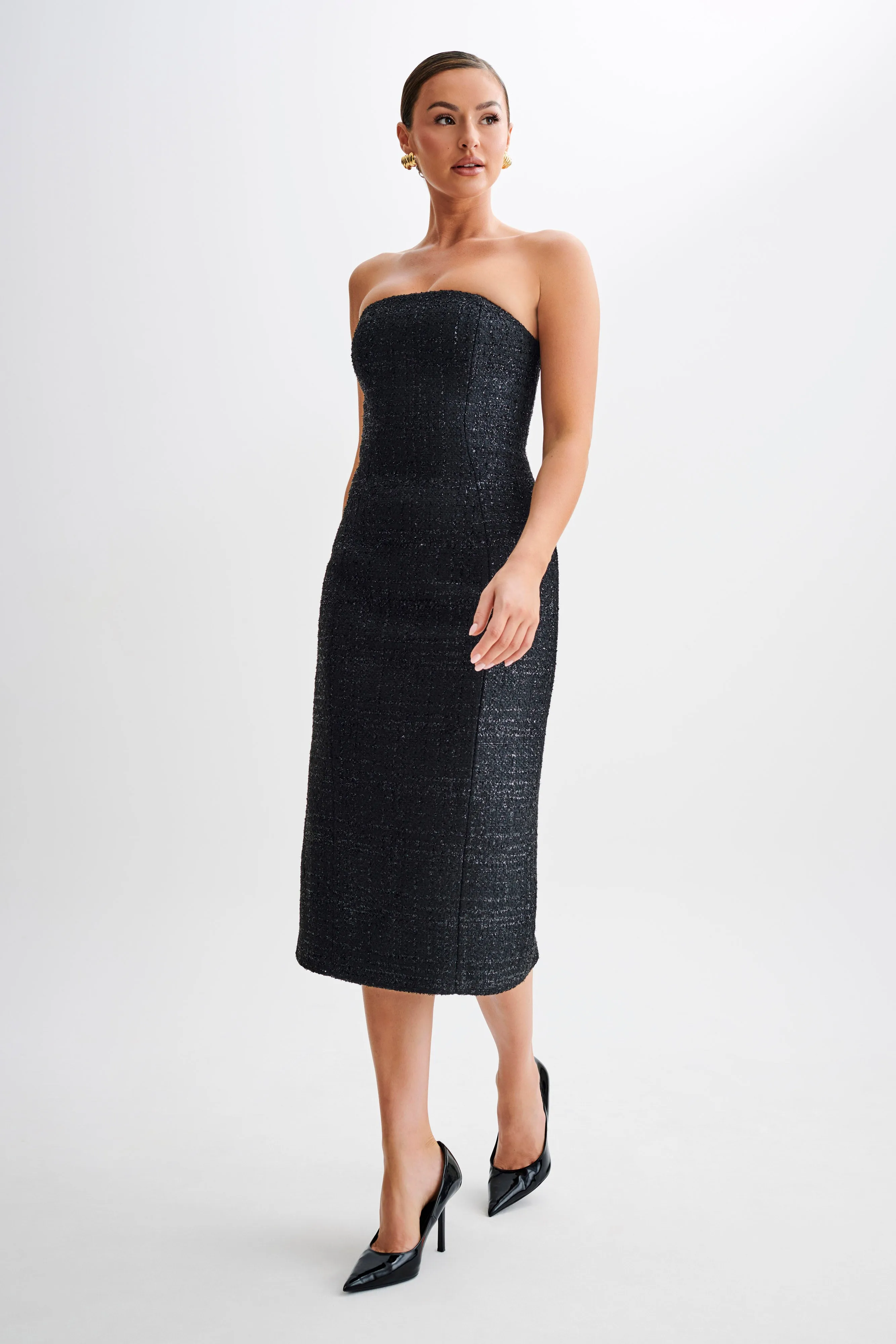 loose silhouette Monet Tweed Strapless Midi Dress - Black